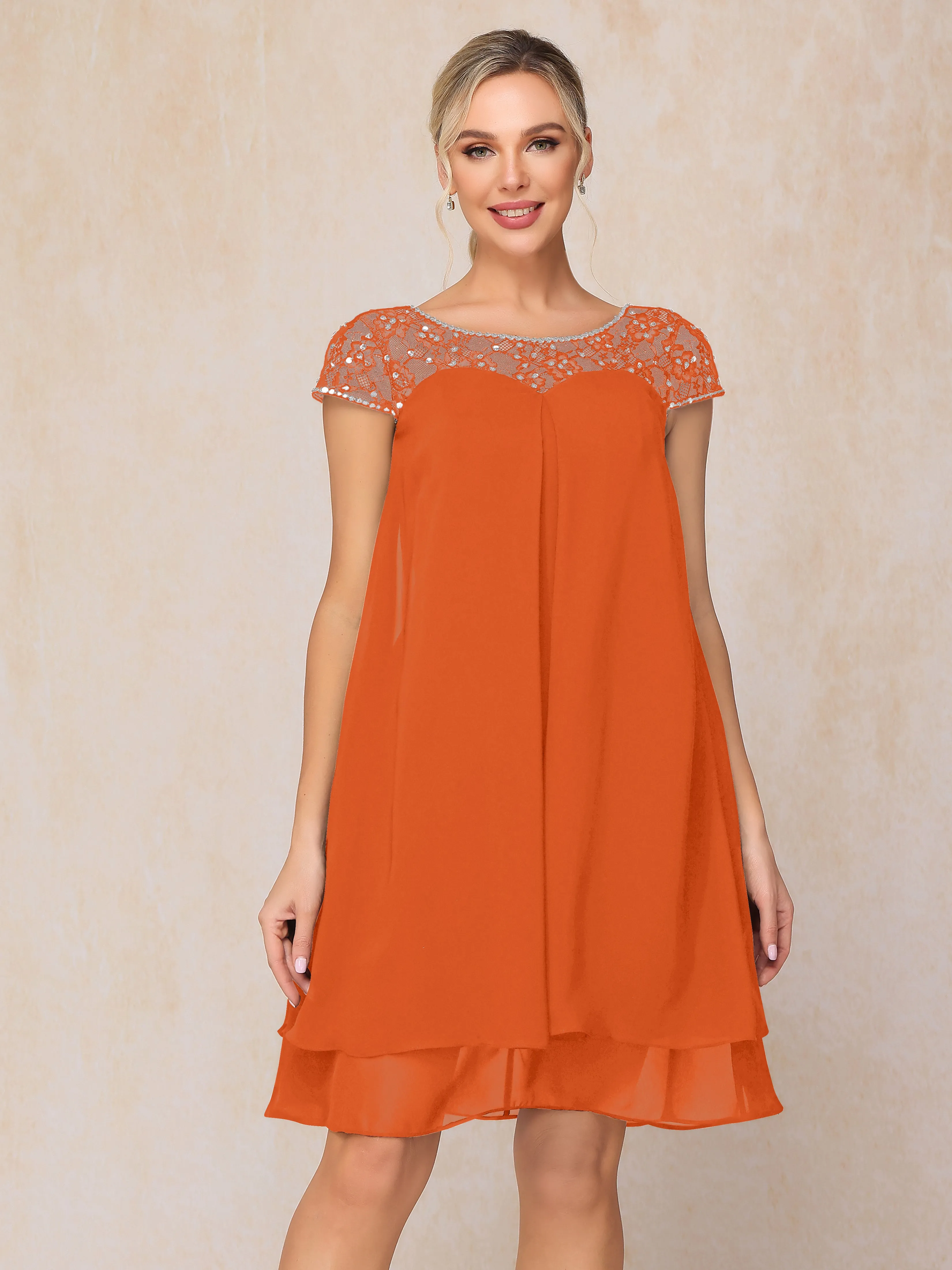 Scoop Cap Sleeves Knee Length Chiffon Mother of the Bride Dress With Lace