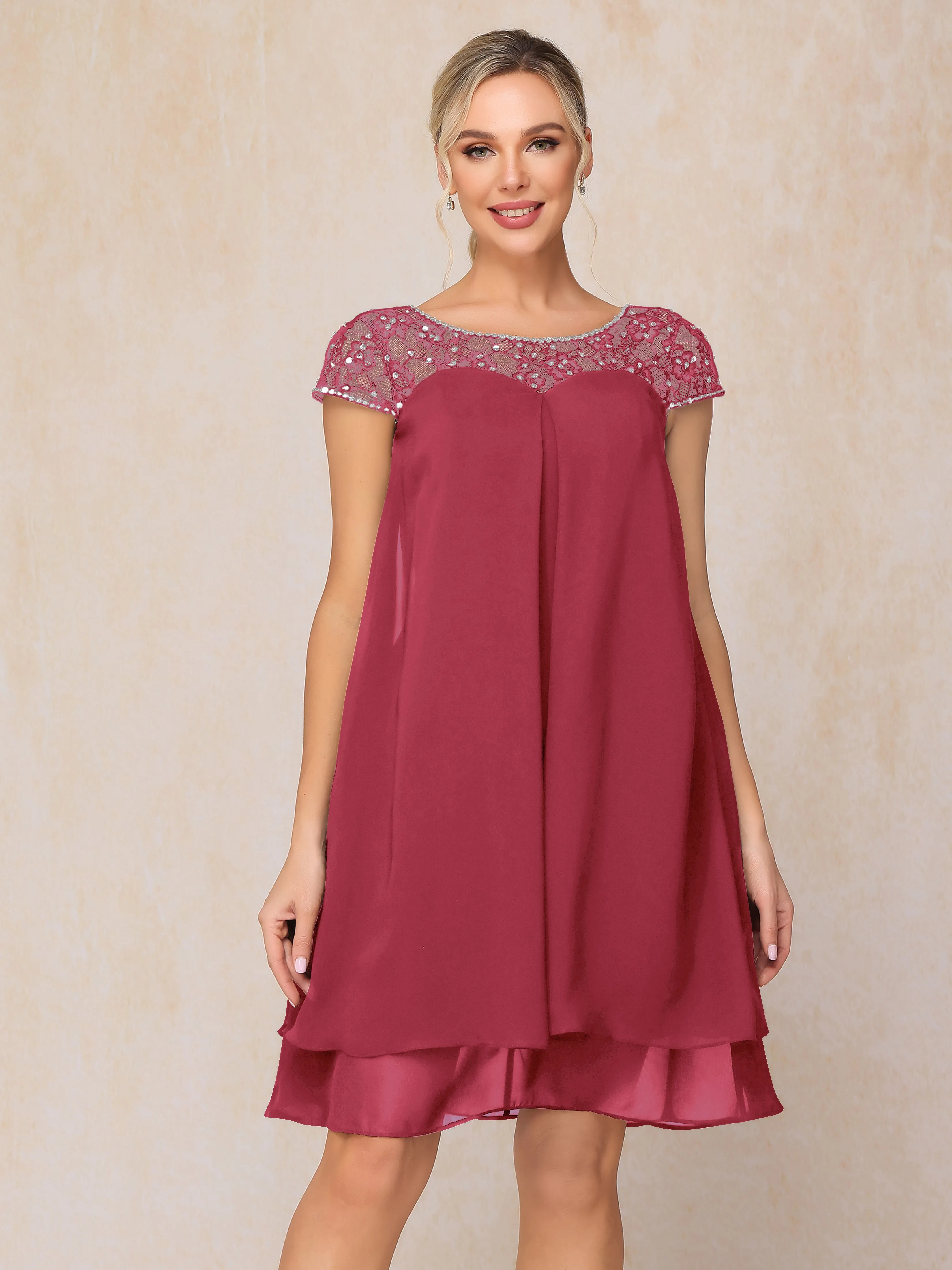 Scoop Cap Sleeves Knee Length Chiffon Mother of the Bride Dress With Lace