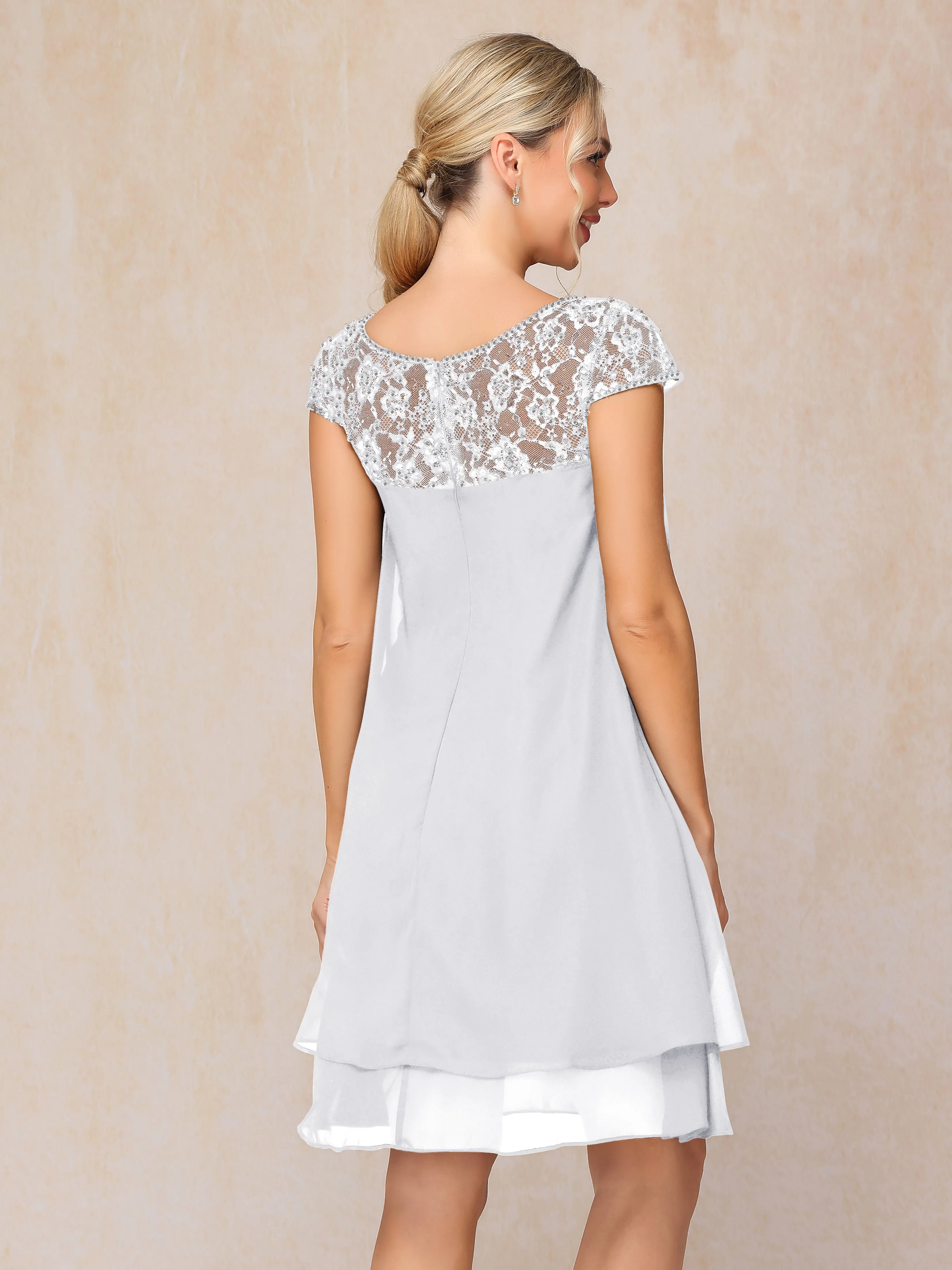 Scoop Cap Sleeves Knee Length Chiffon Mother of the Bride Dress With Lace