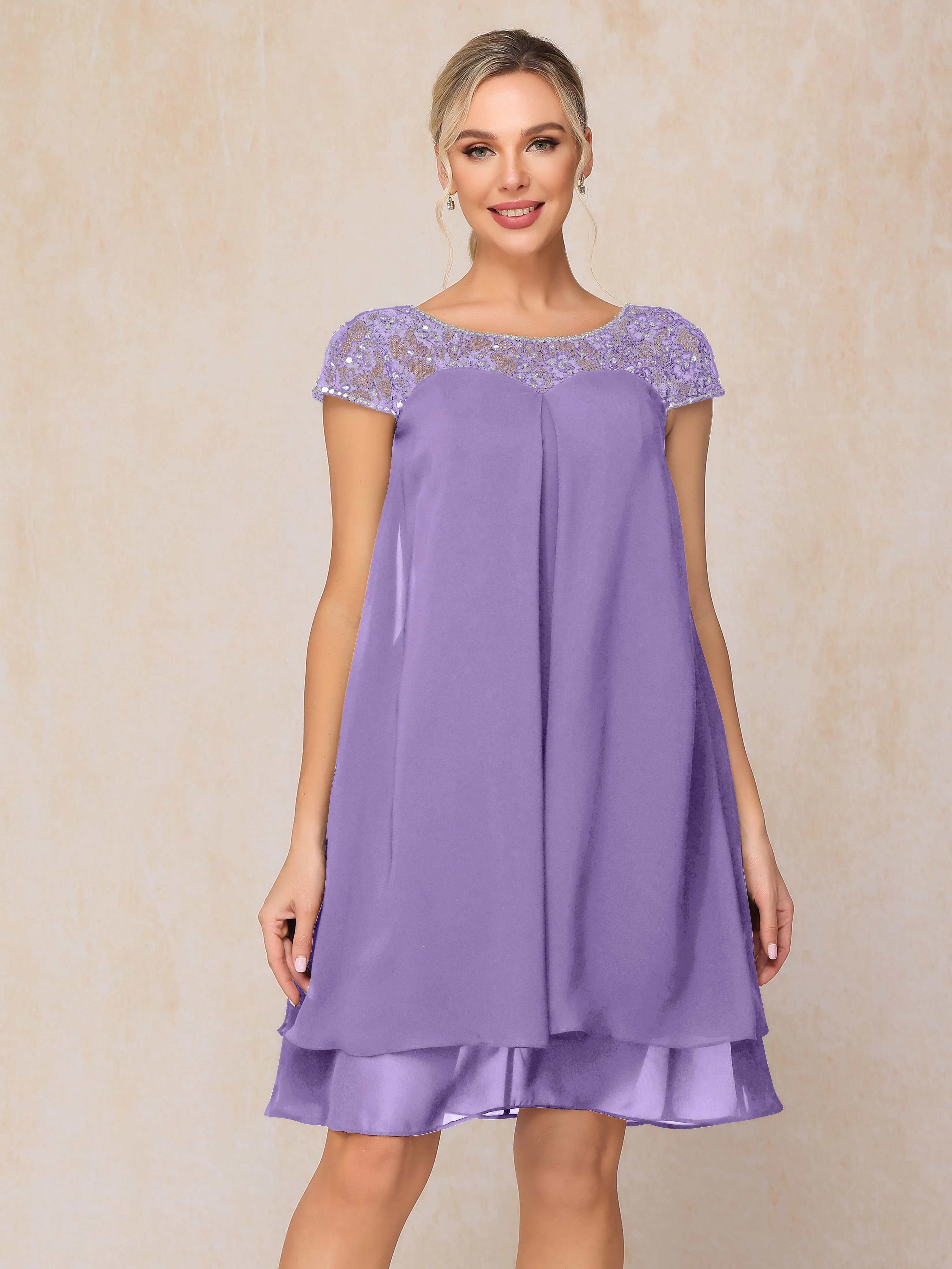 Scoop Cap Sleeves Knee Length Chiffon Mother of the Bride Dress With Lace