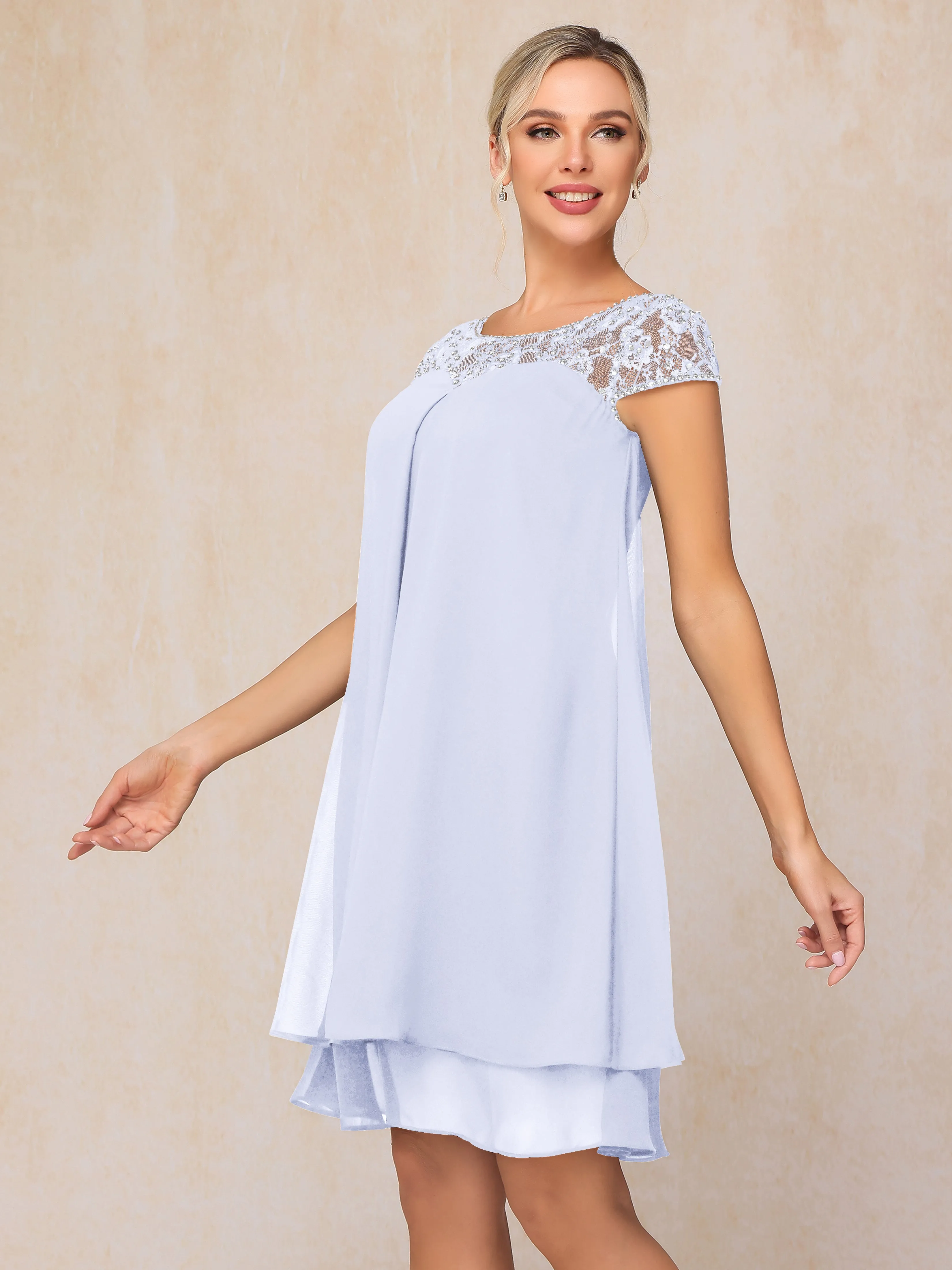 Scoop Cap Sleeves Knee Length Chiffon Mother of the Bride Dress With Lace