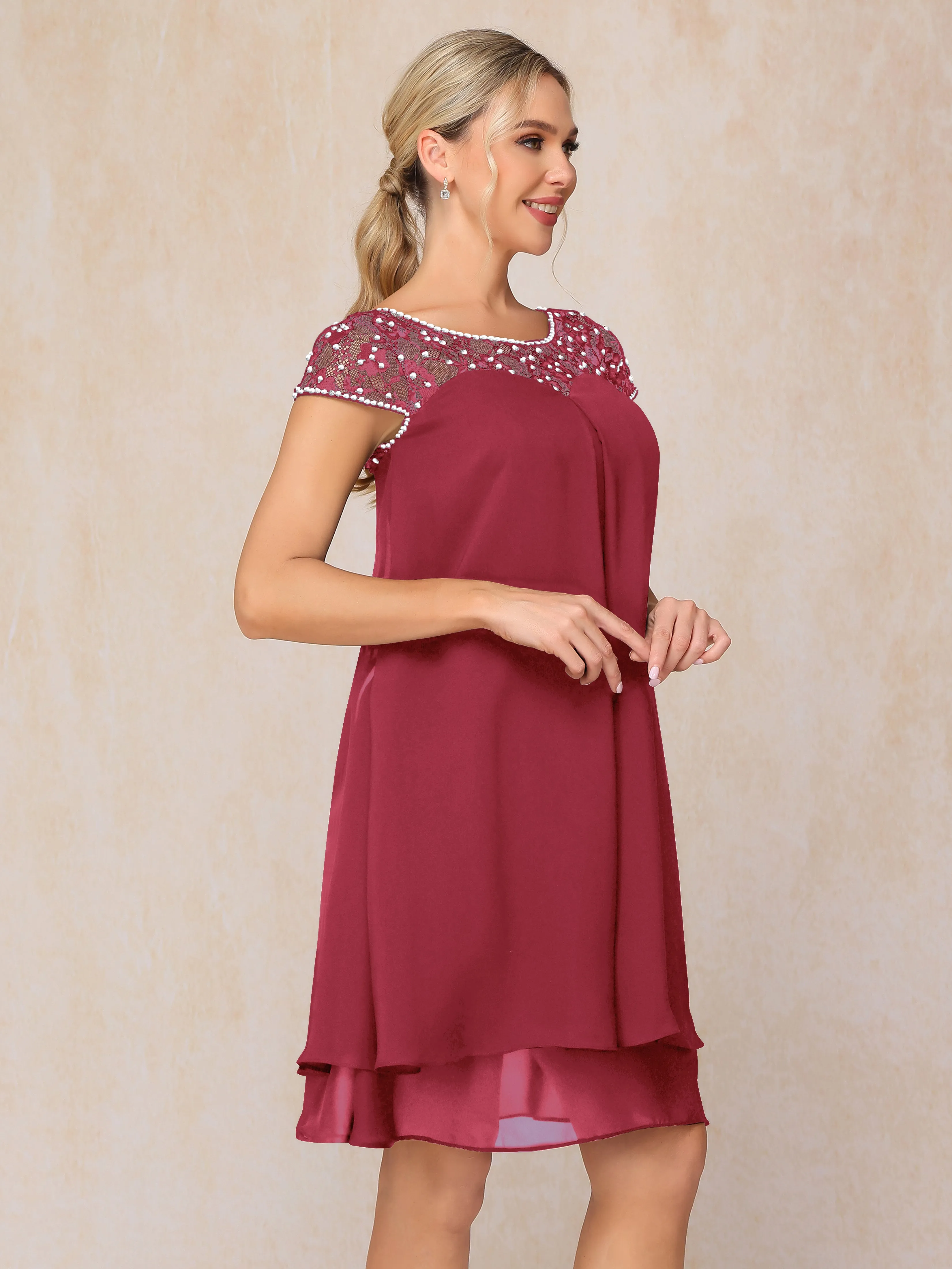 Scoop Cap Sleeves Knee Length Chiffon Mother of the Bride Dress With Lace