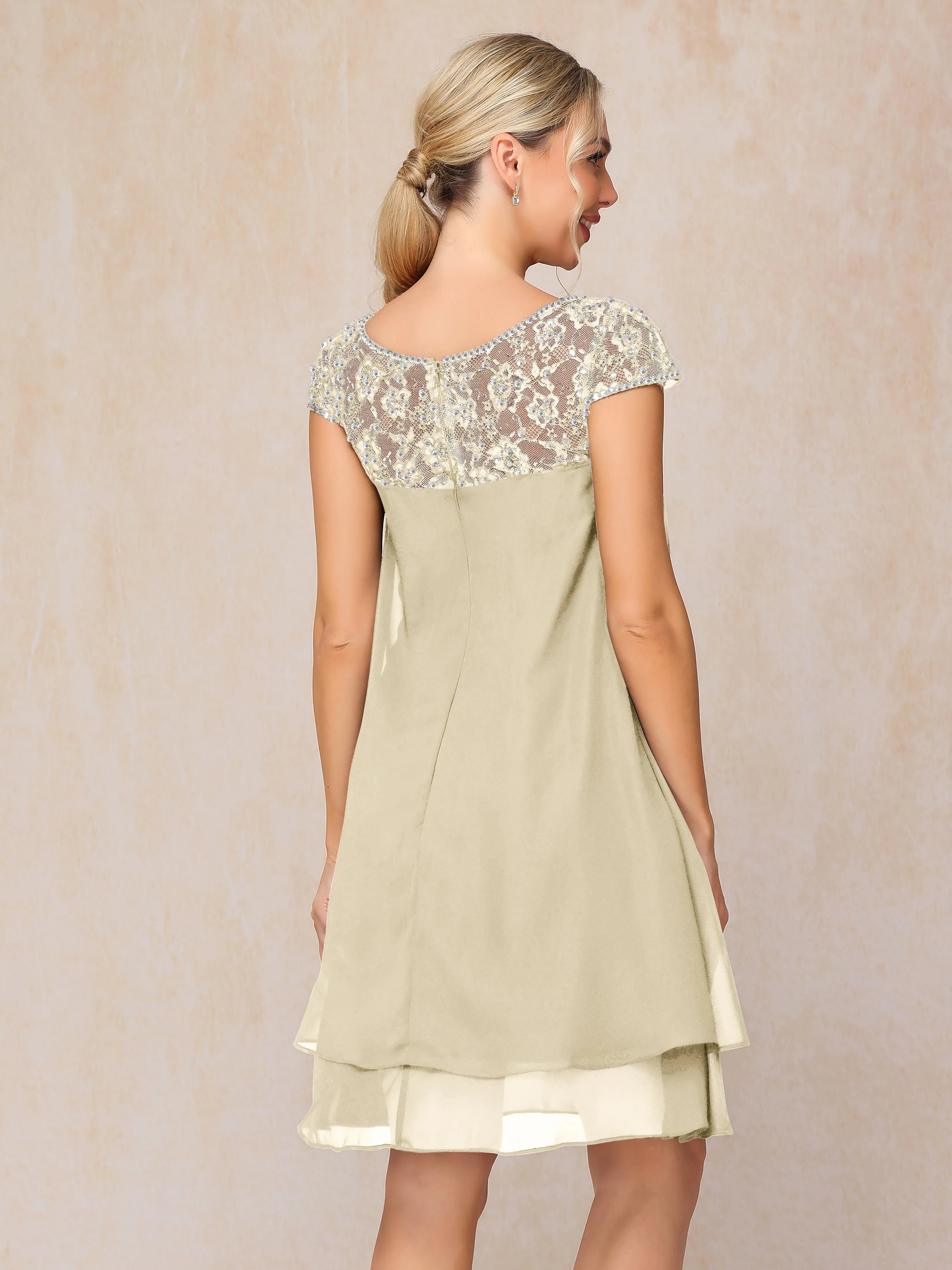 Scoop Cap Sleeves Knee Length Chiffon Mother of the Bride Dress With Lace