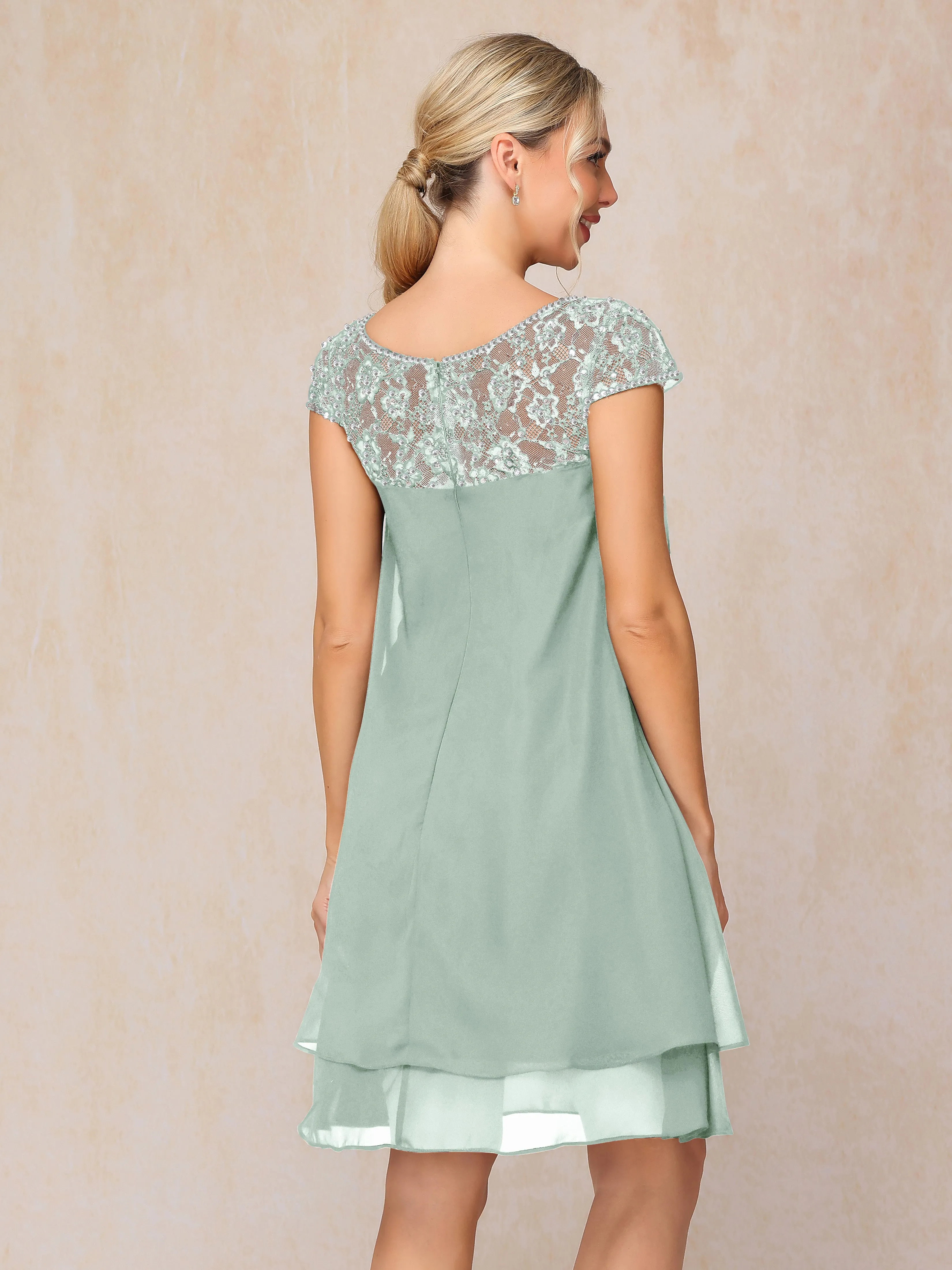 Scoop Cap Sleeves Knee Length Chiffon Mother of the Bride Dress With Lace