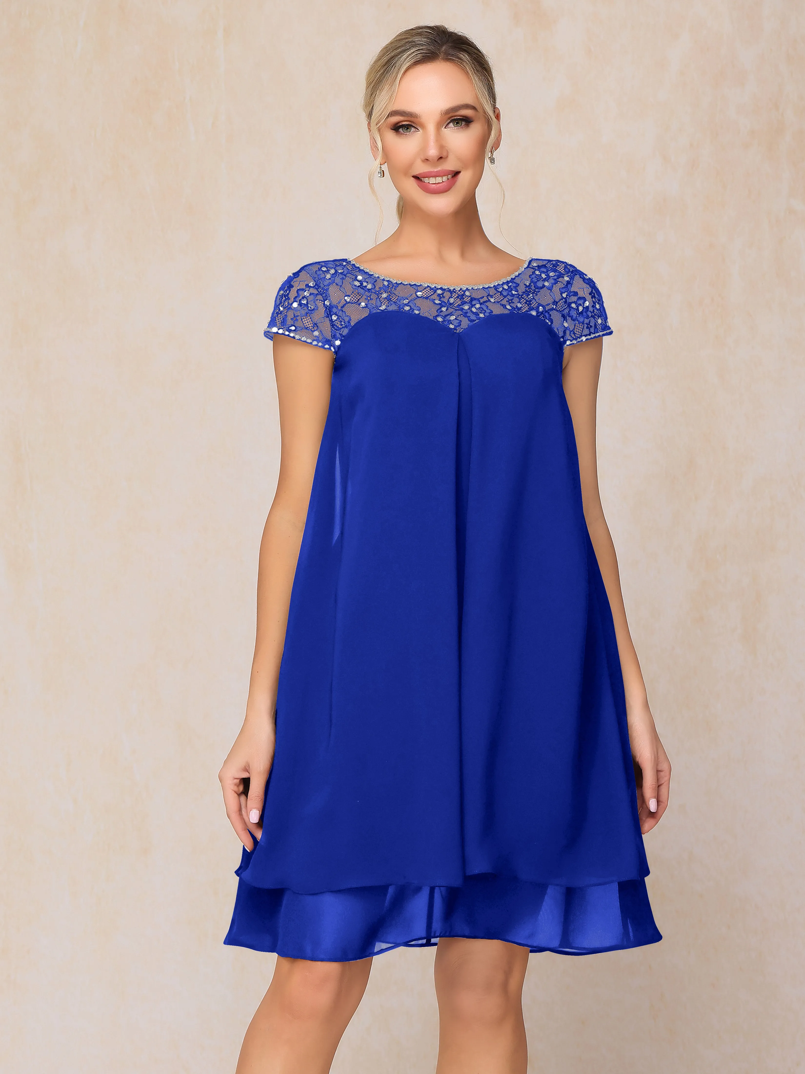 Scoop Cap Sleeves Knee Length Chiffon Mother of the Bride Dress With Lace