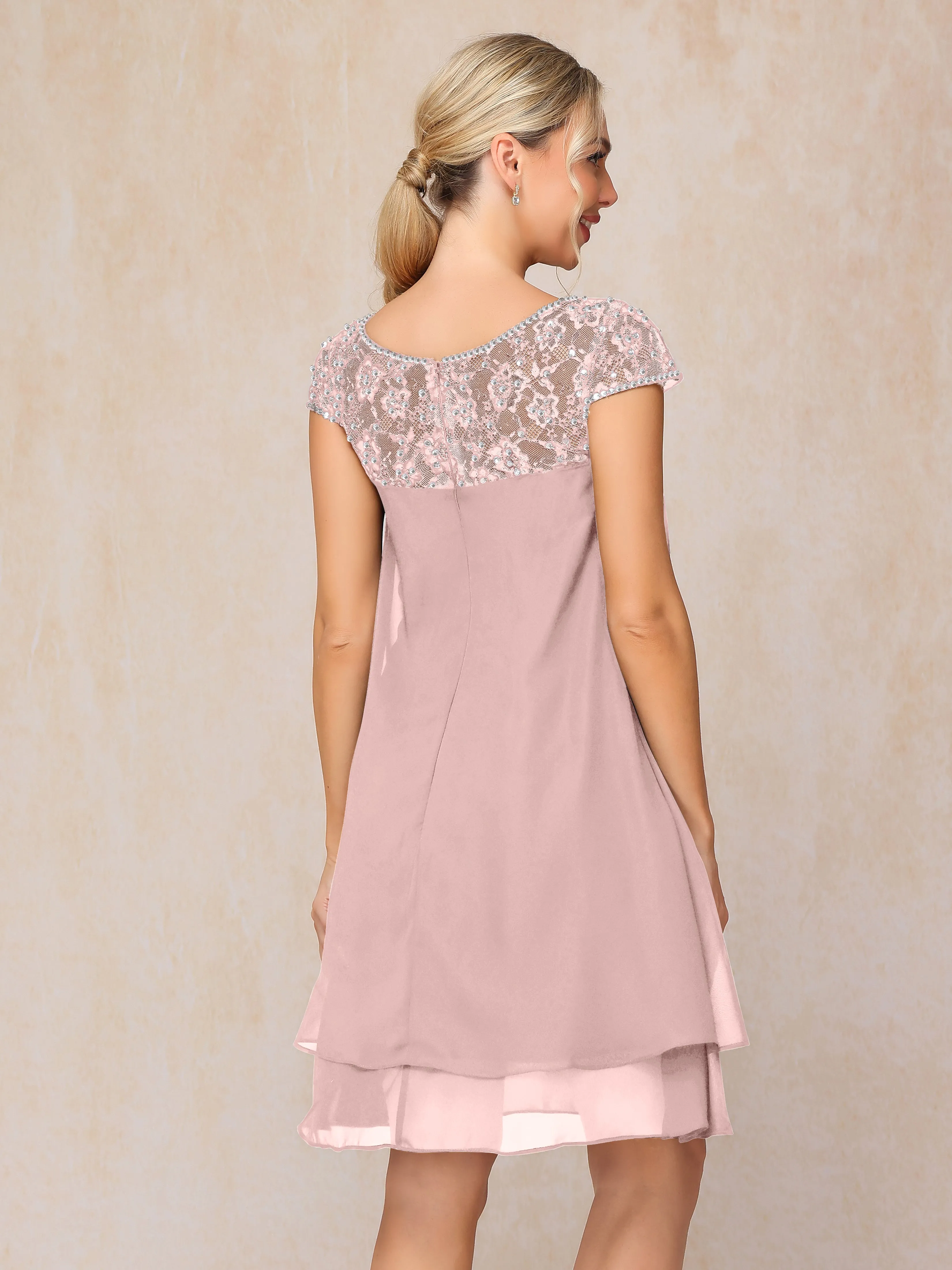 Scoop Cap Sleeves Knee Length Chiffon Mother of the Bride Dress With Lace