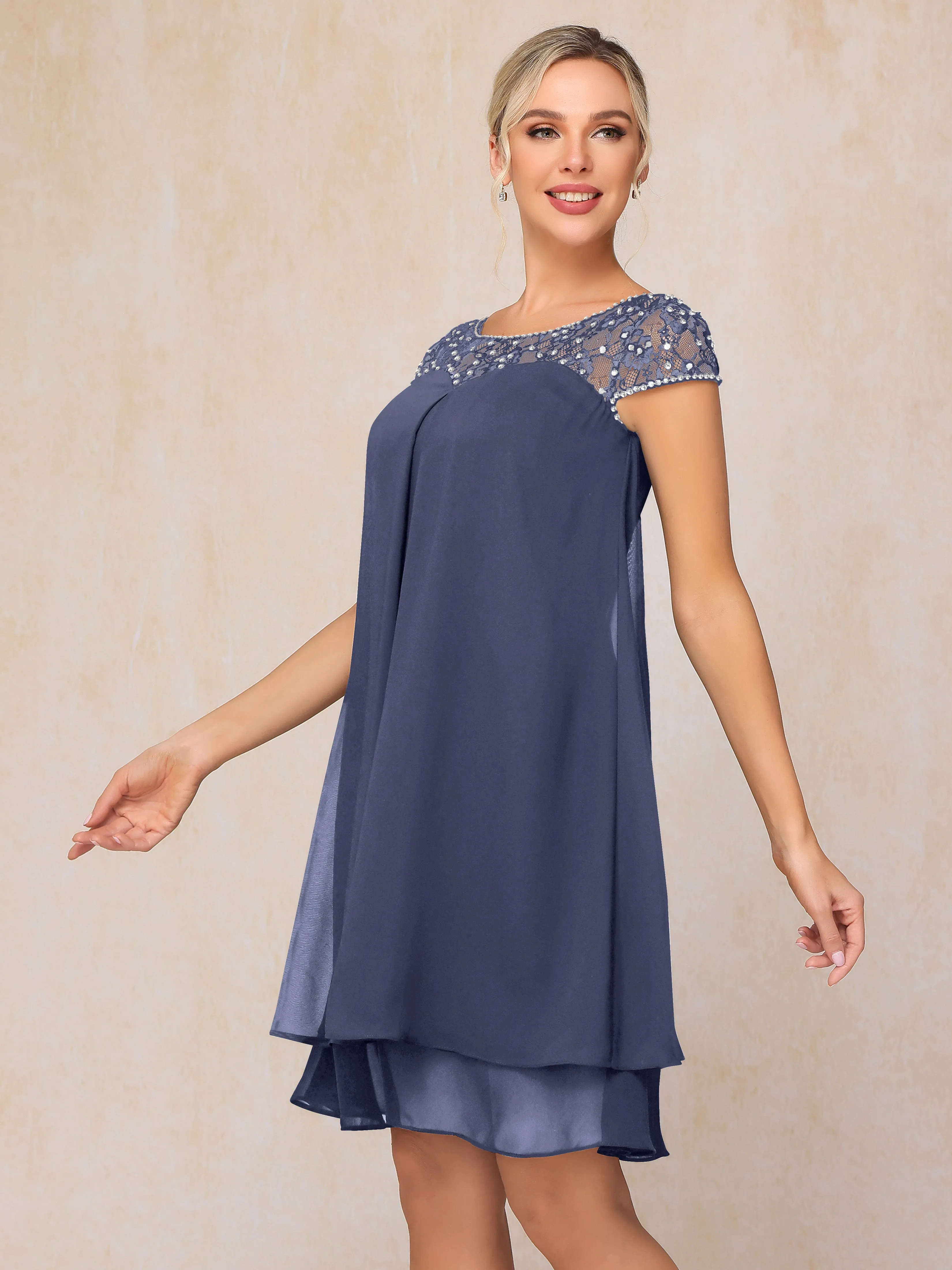 Scoop Cap Sleeves Knee Length Chiffon Mother of the Bride Dress With Lace