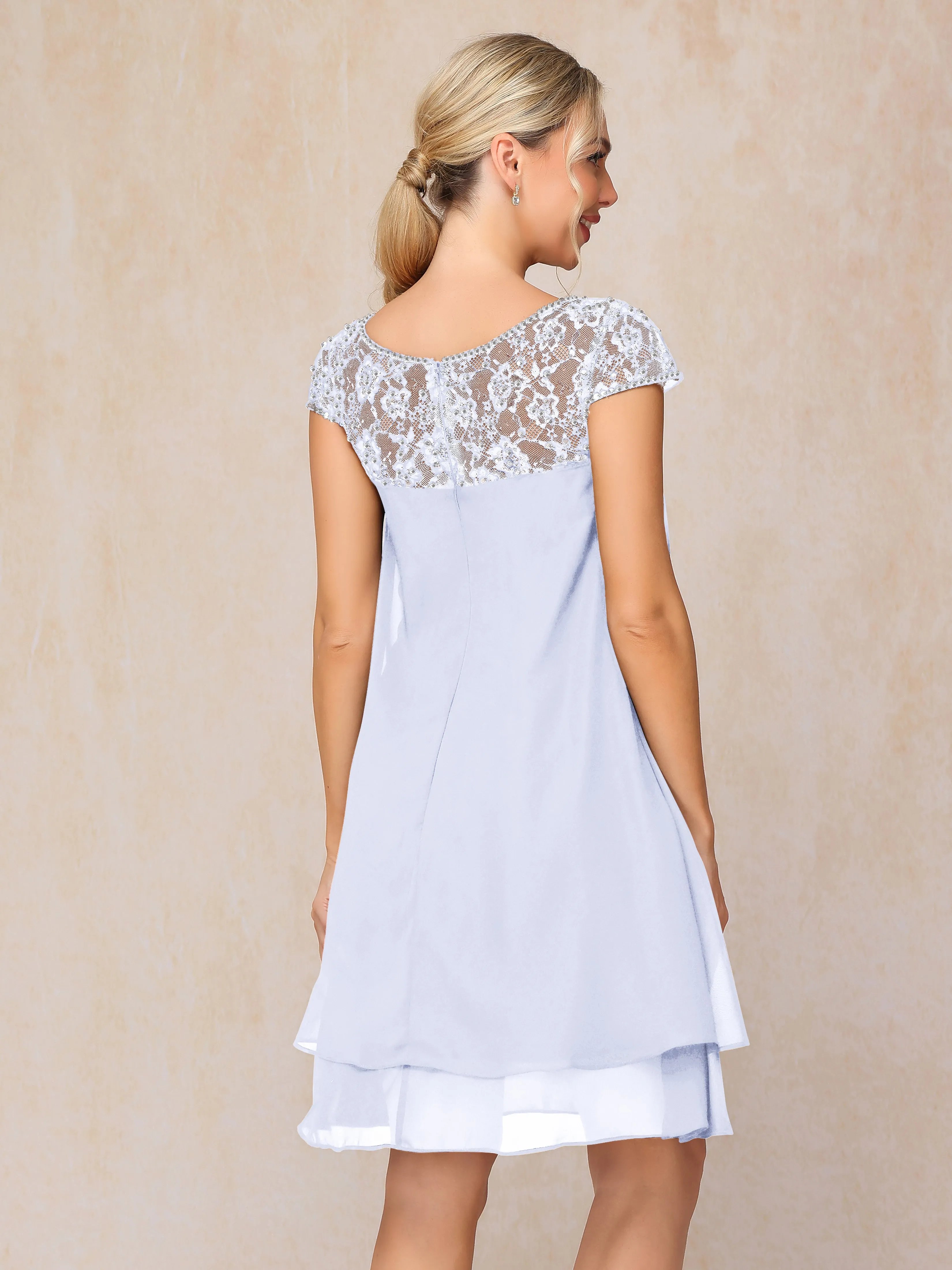 Scoop Cap Sleeves Knee Length Chiffon Mother of the Bride Dress With Lace