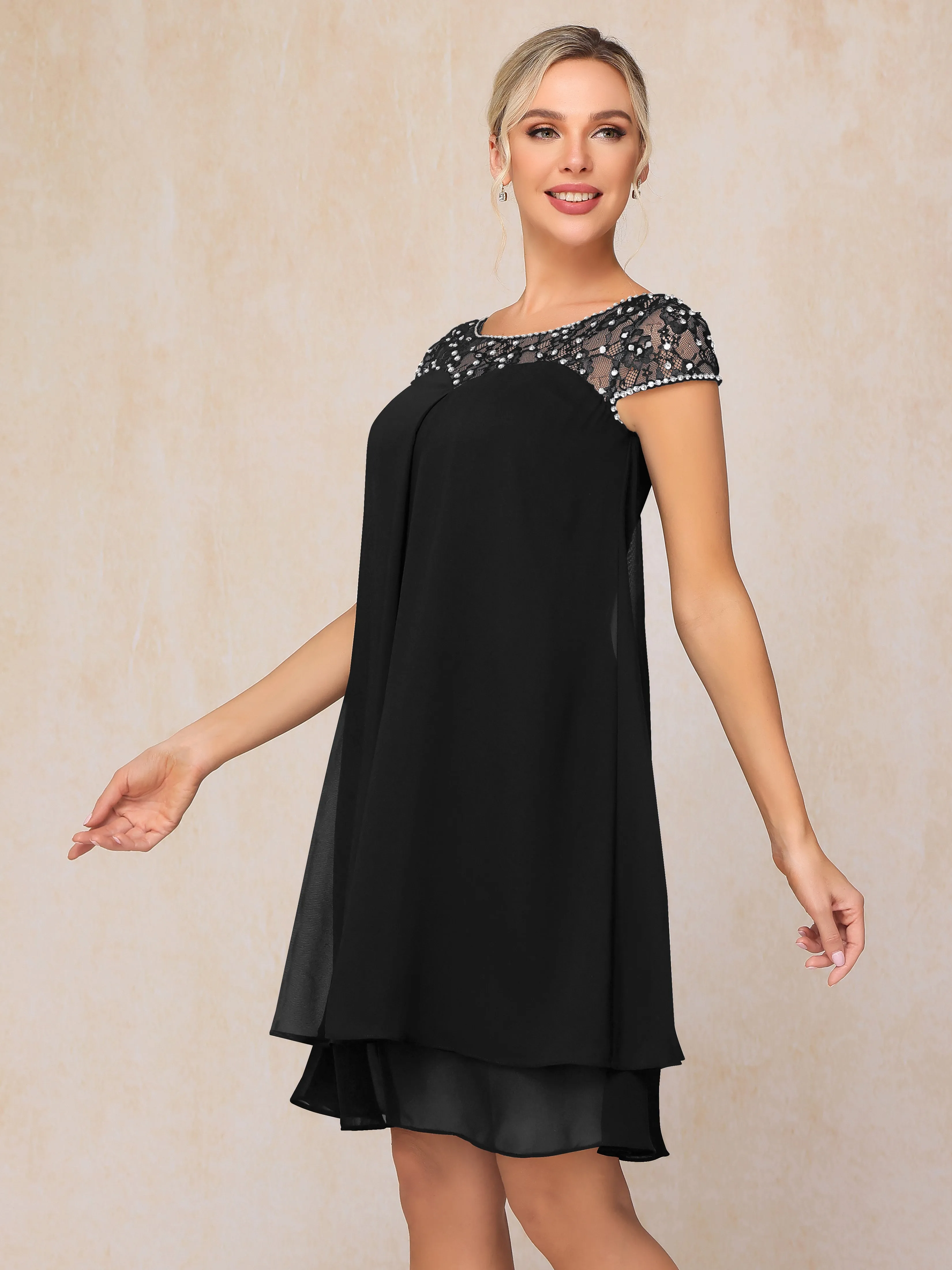 Scoop Cap Sleeves Knee Length Chiffon Mother of the Bride Dress With Lace