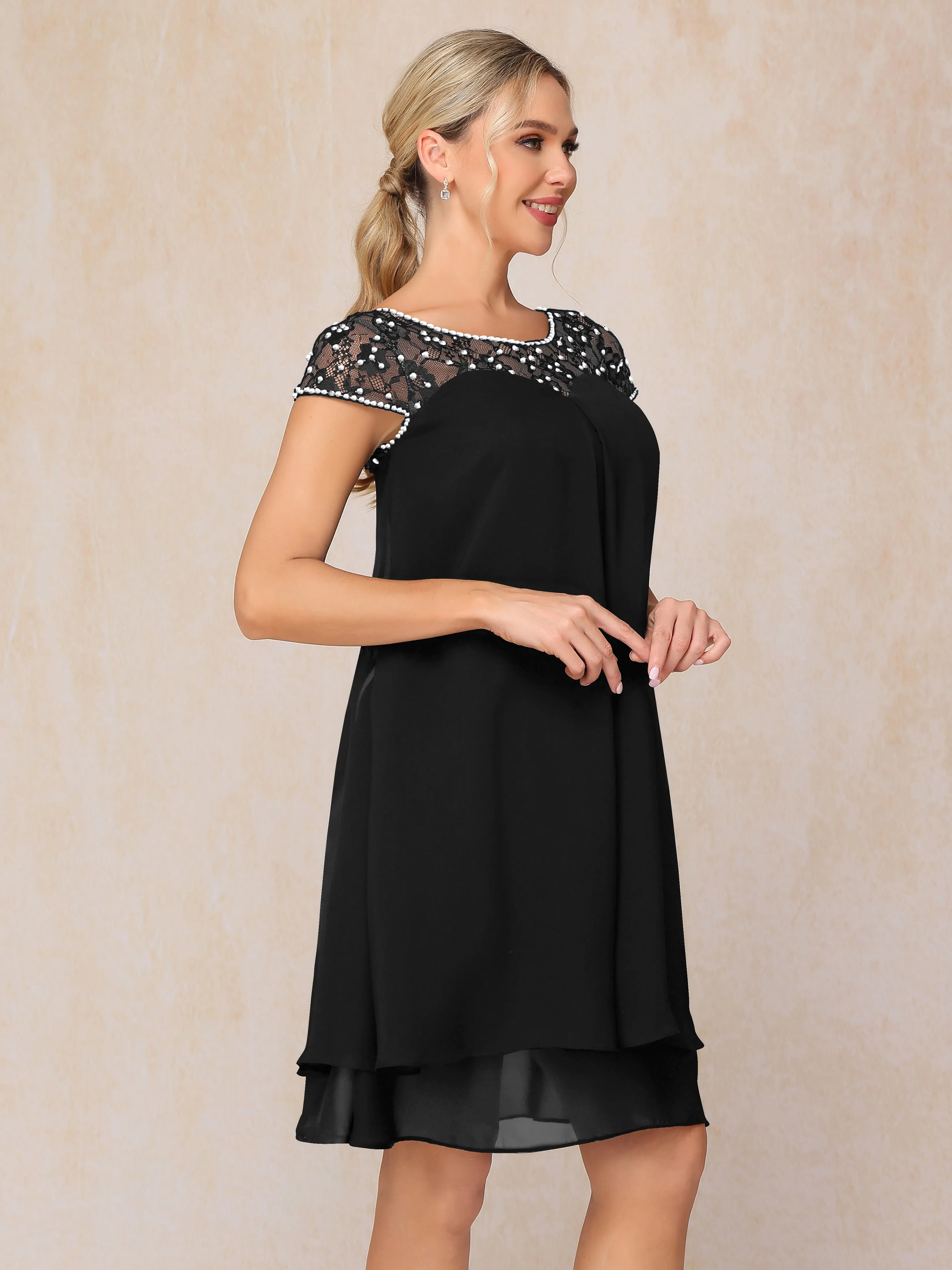 Scoop Cap Sleeves Knee Length Chiffon Mother of the Bride Dress With Lace