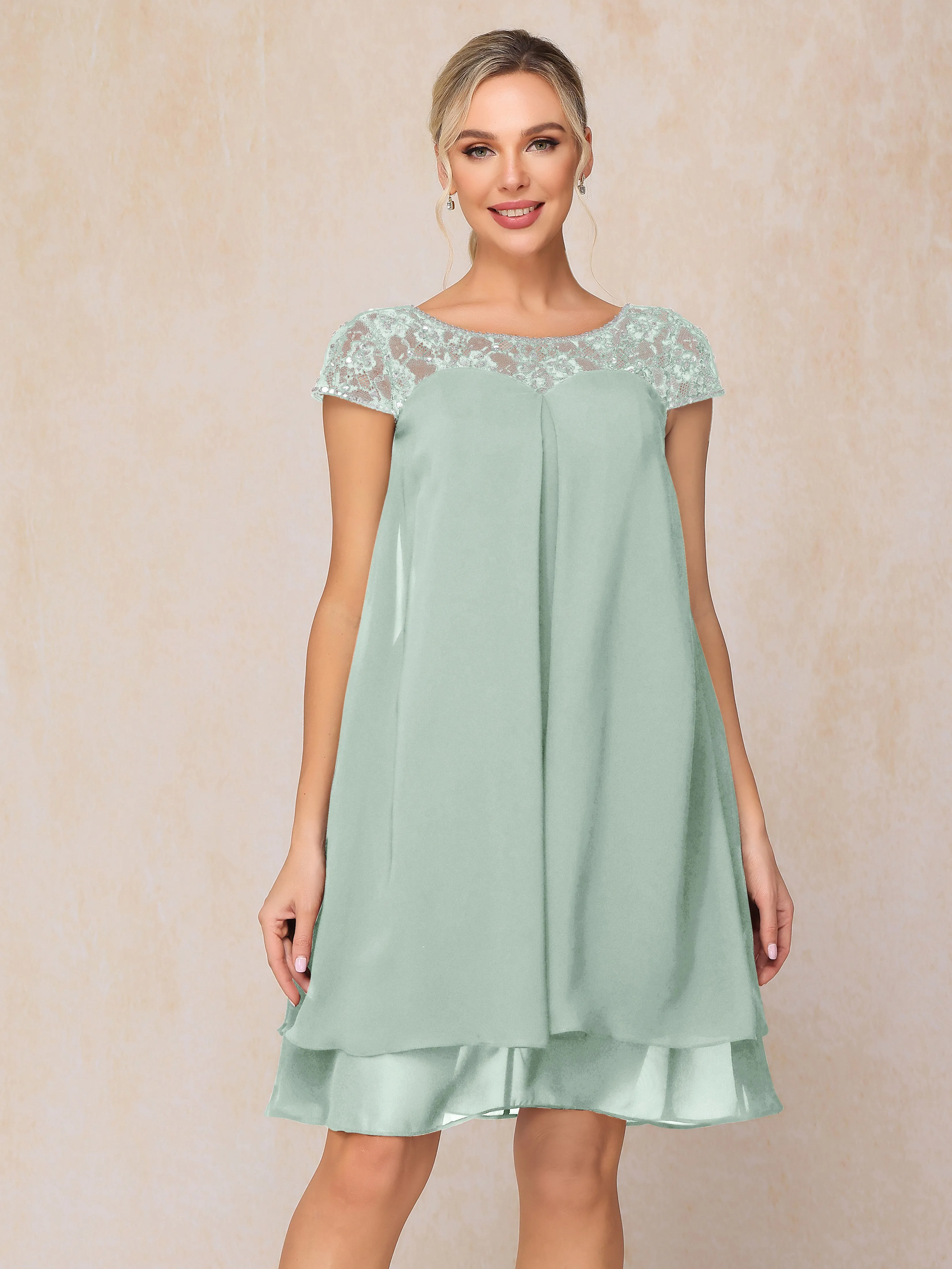 Scoop Cap Sleeves Knee Length Chiffon Mother of the Bride Dress With Lace