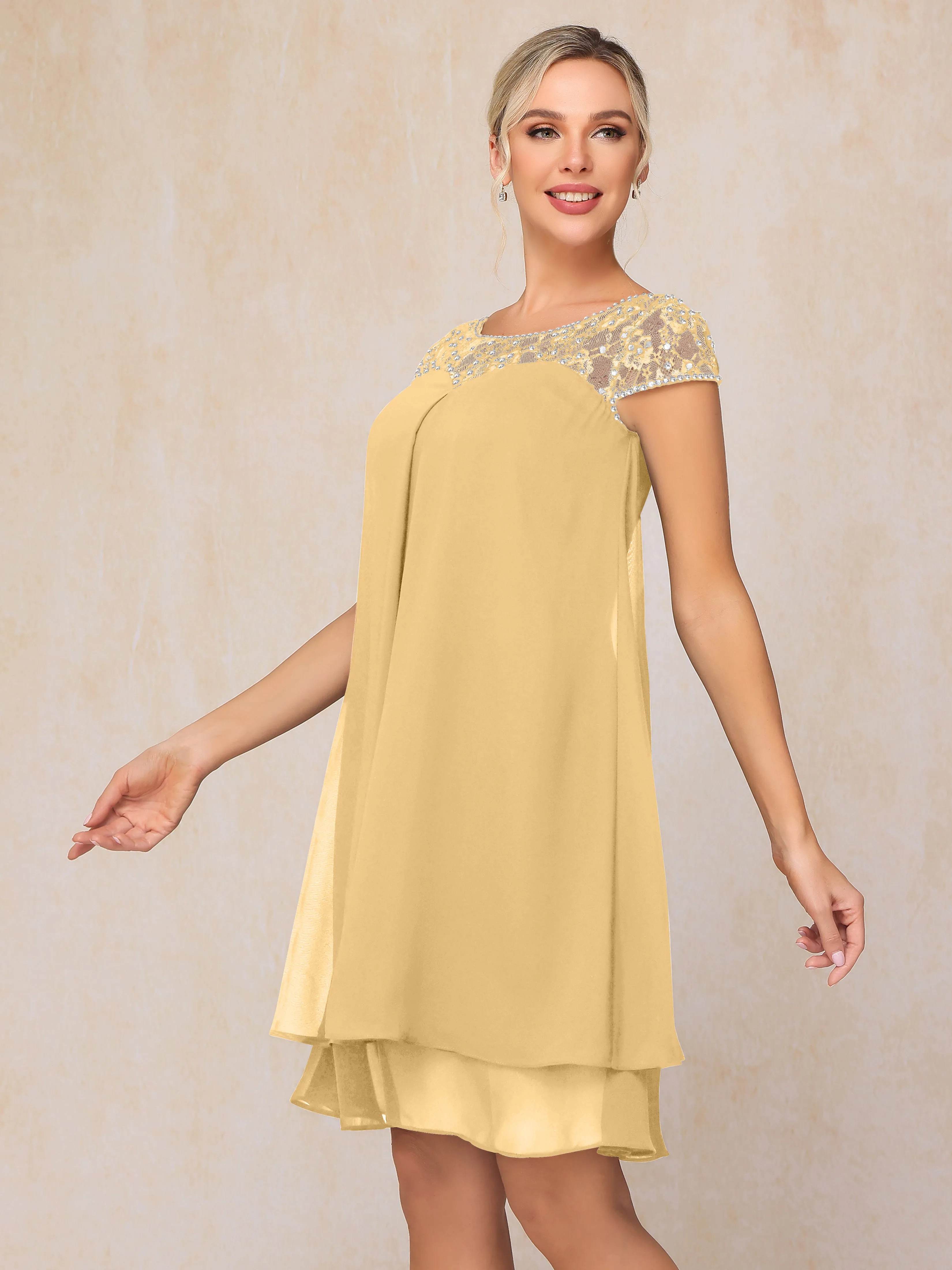 Scoop Cap Sleeves Knee Length Chiffon Mother of the Bride Dress With Lace