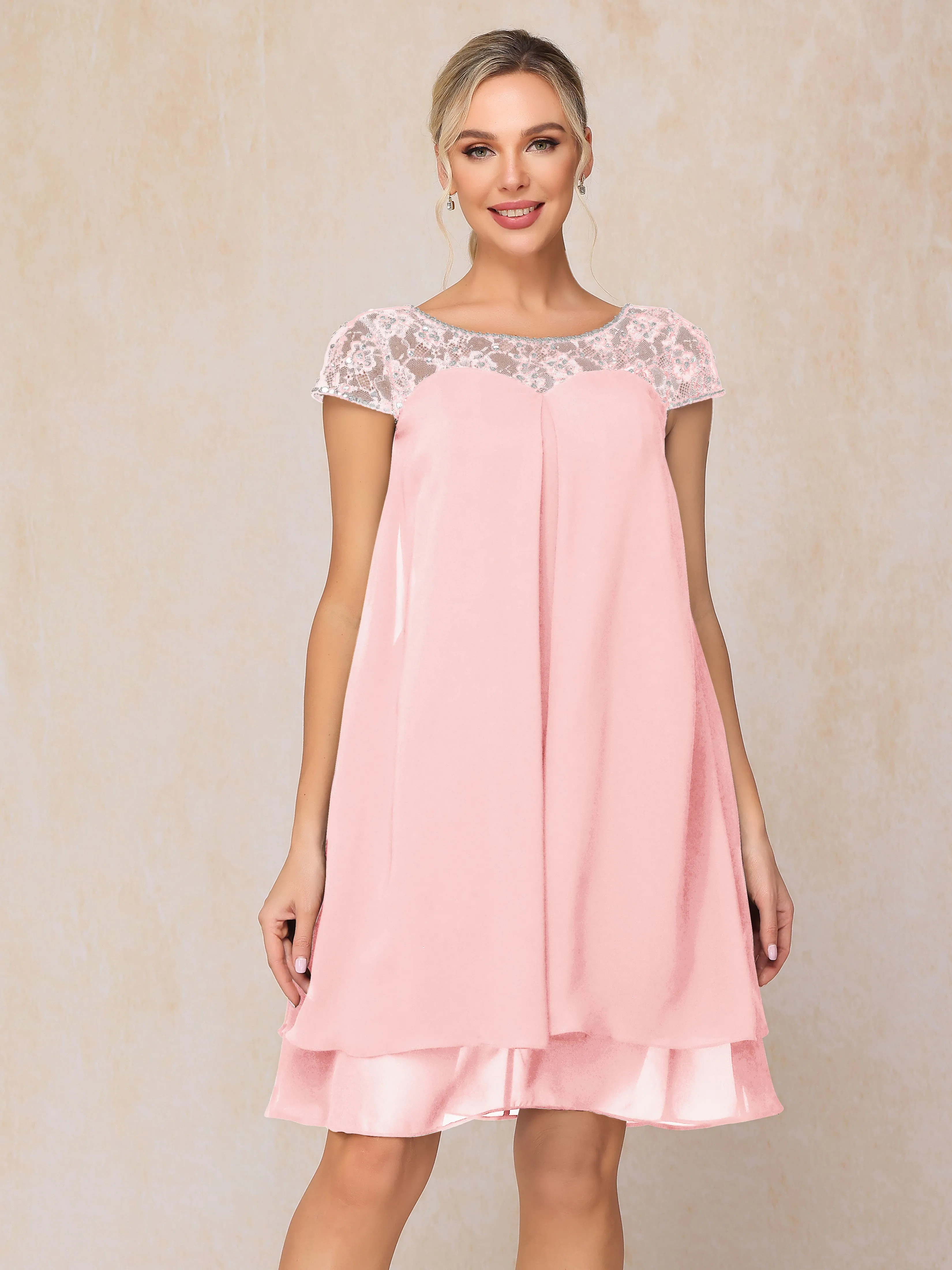 Scoop Cap Sleeves Knee Length Chiffon Mother of the Bride Dress With Lace