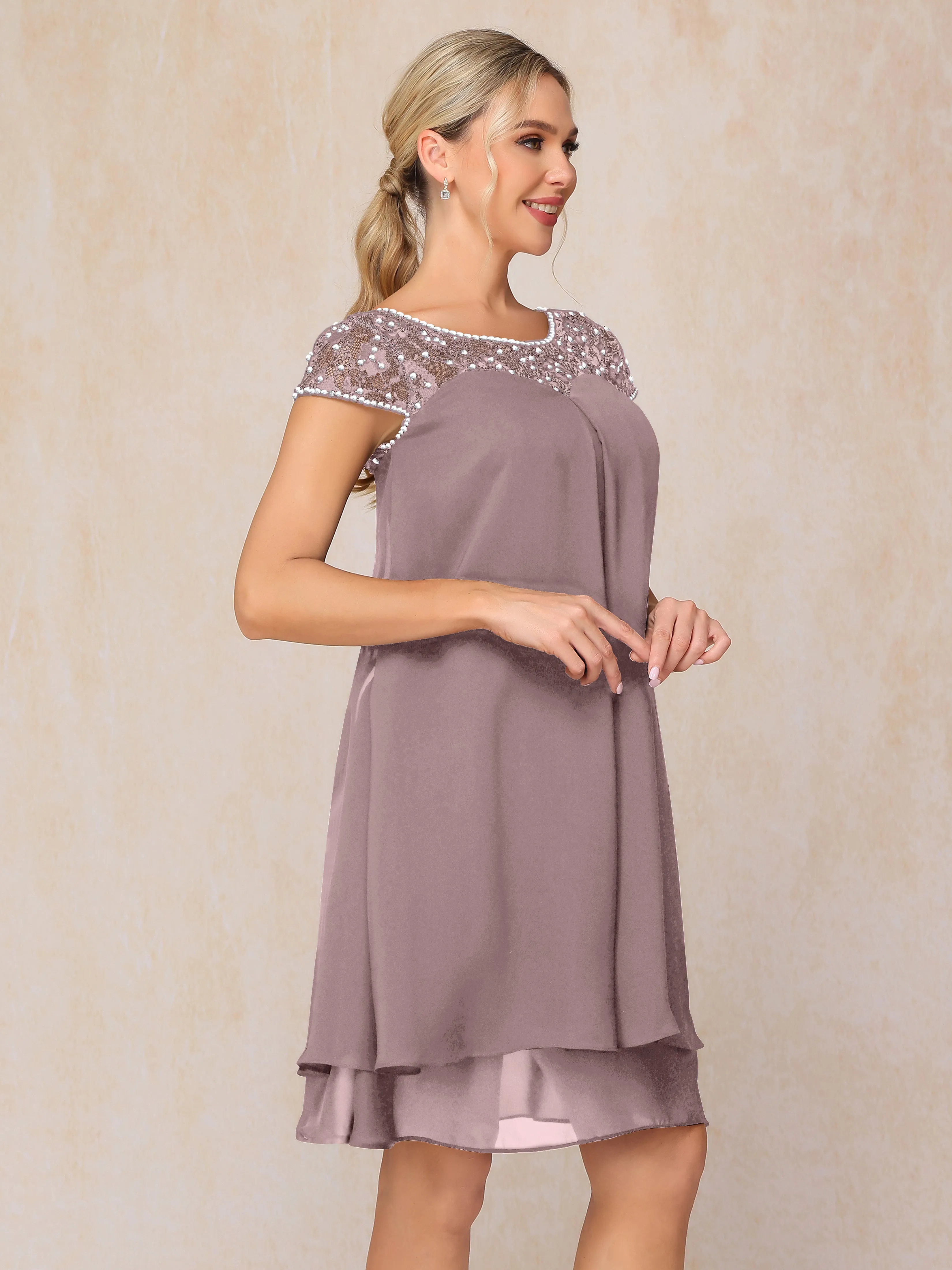 Scoop Cap Sleeves Knee Length Chiffon Mother of the Bride Dress With Lace