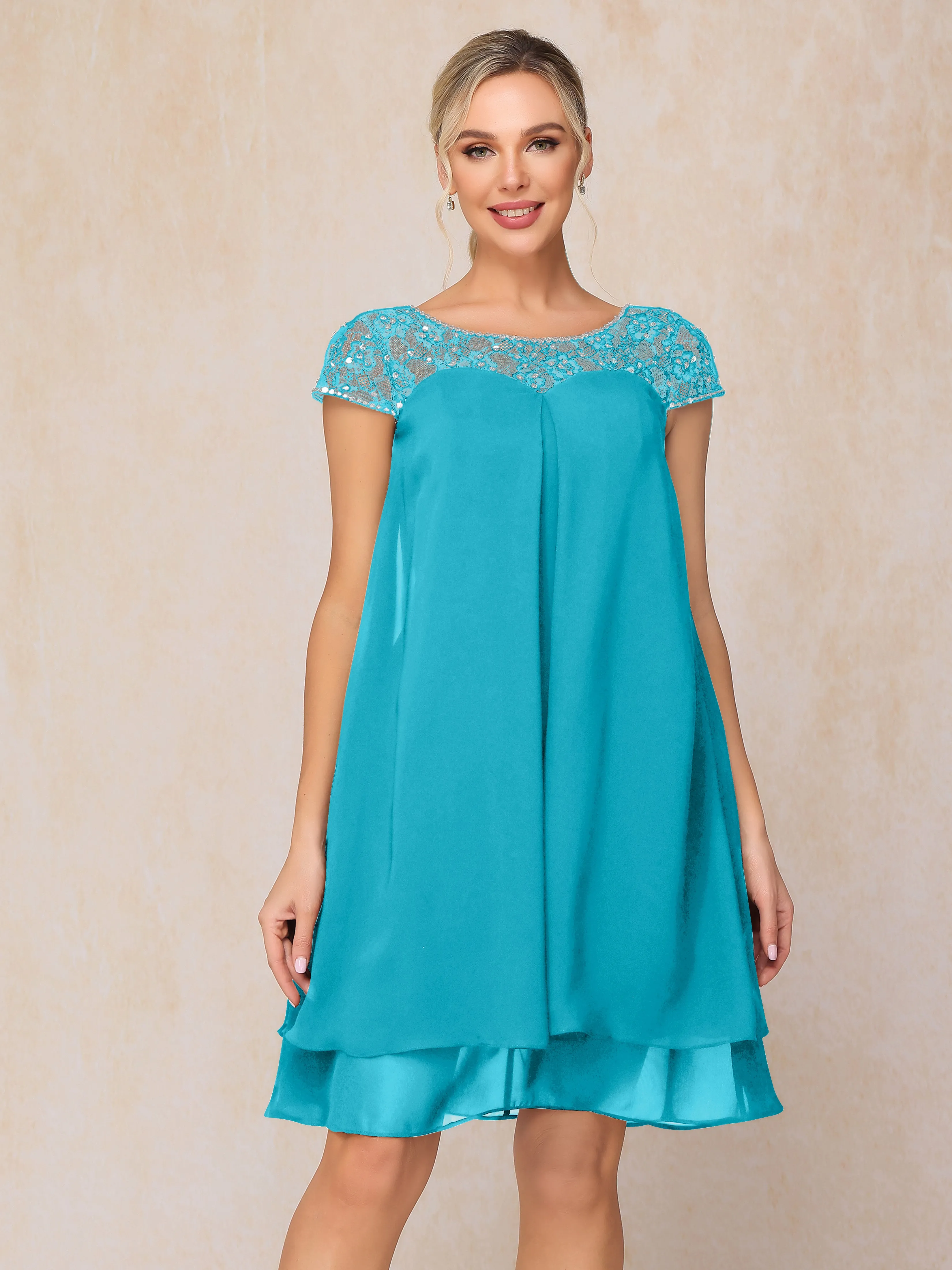 Scoop Cap Sleeves Knee Length Chiffon Mother of the Bride Dress With Lace