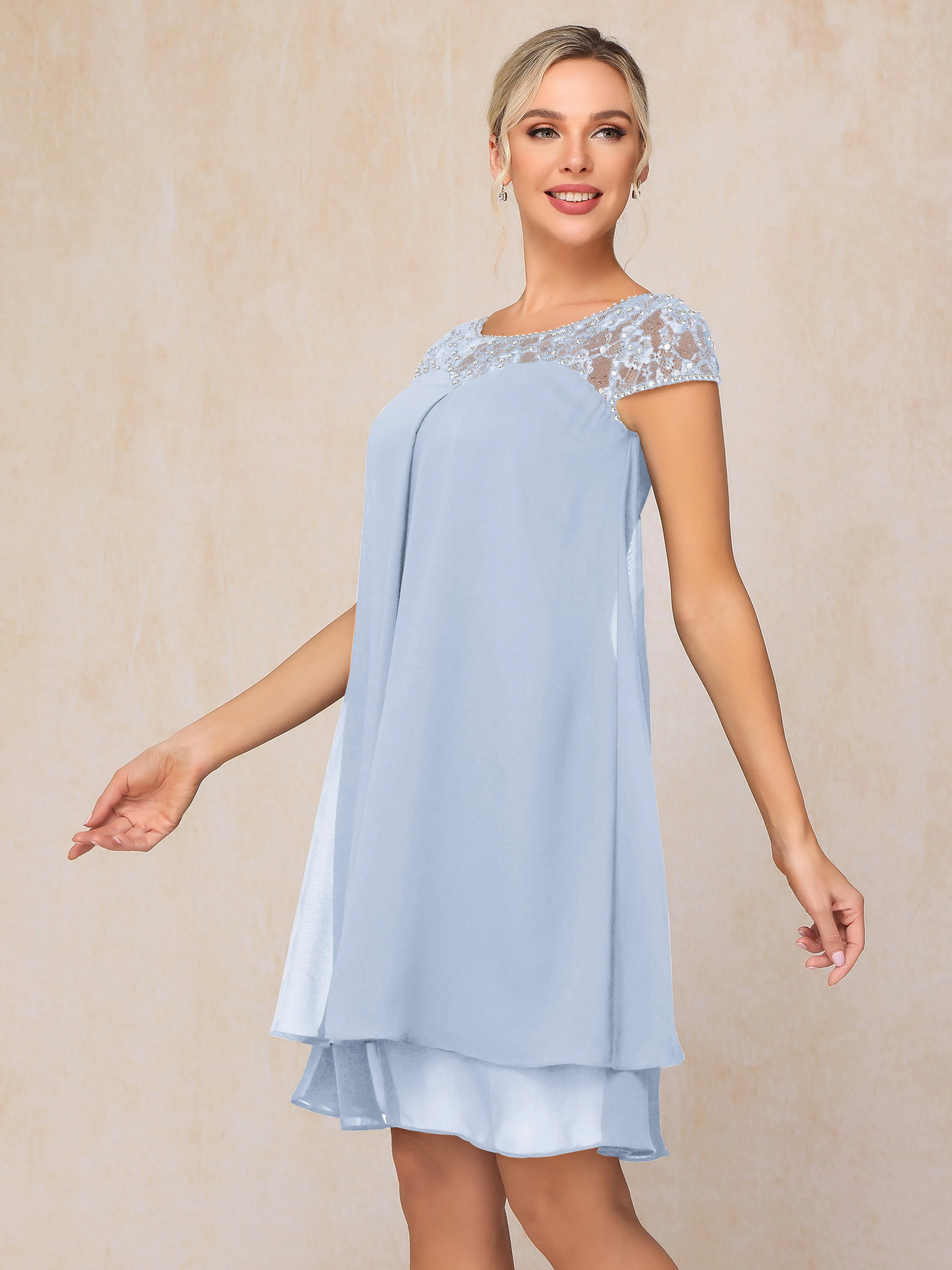 Scoop Cap Sleeves Knee Length Chiffon Mother of the Bride Dress With Lace