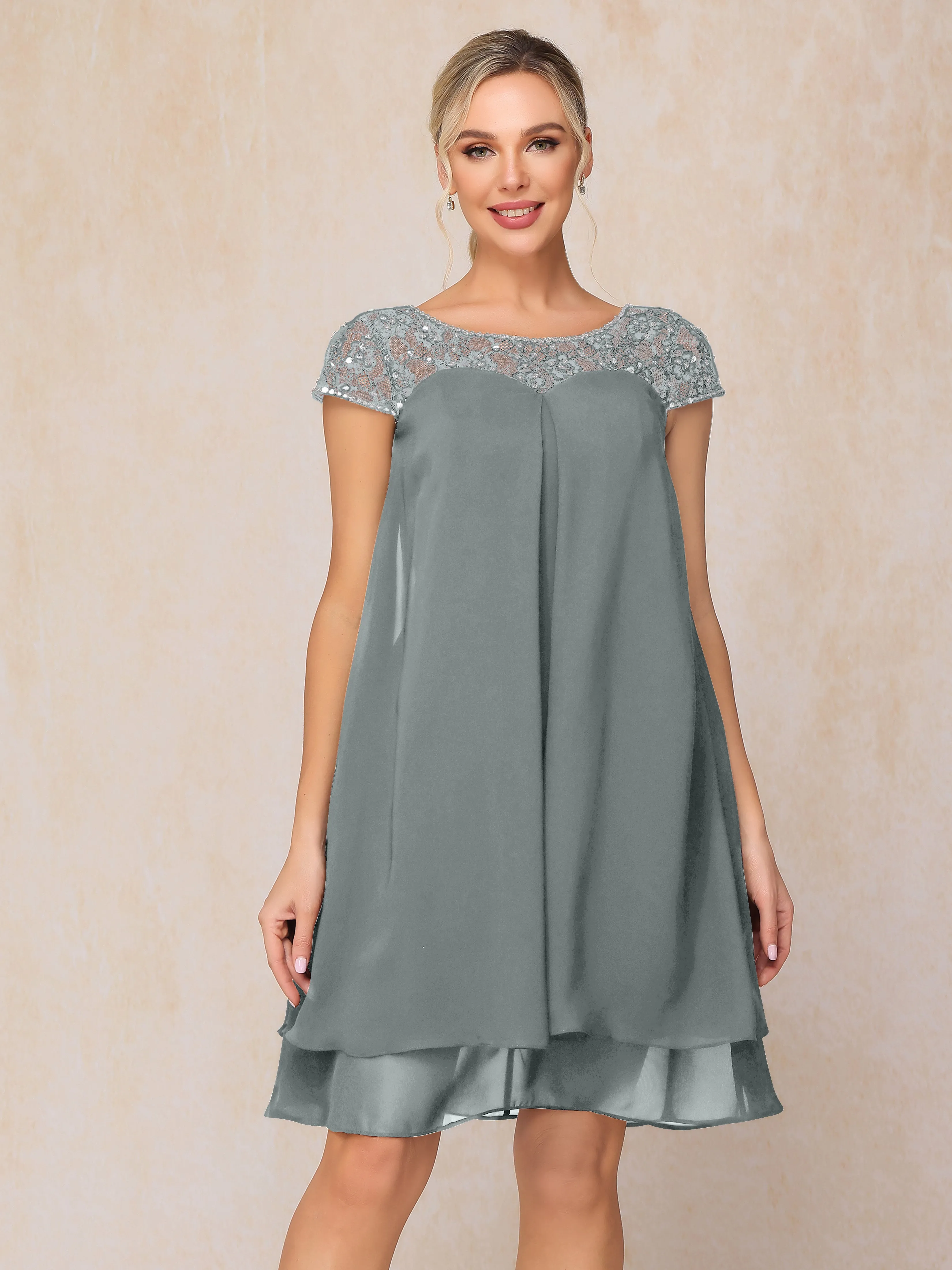 Scoop Cap Sleeves Knee Length Chiffon Mother of the Bride Dress With Lace