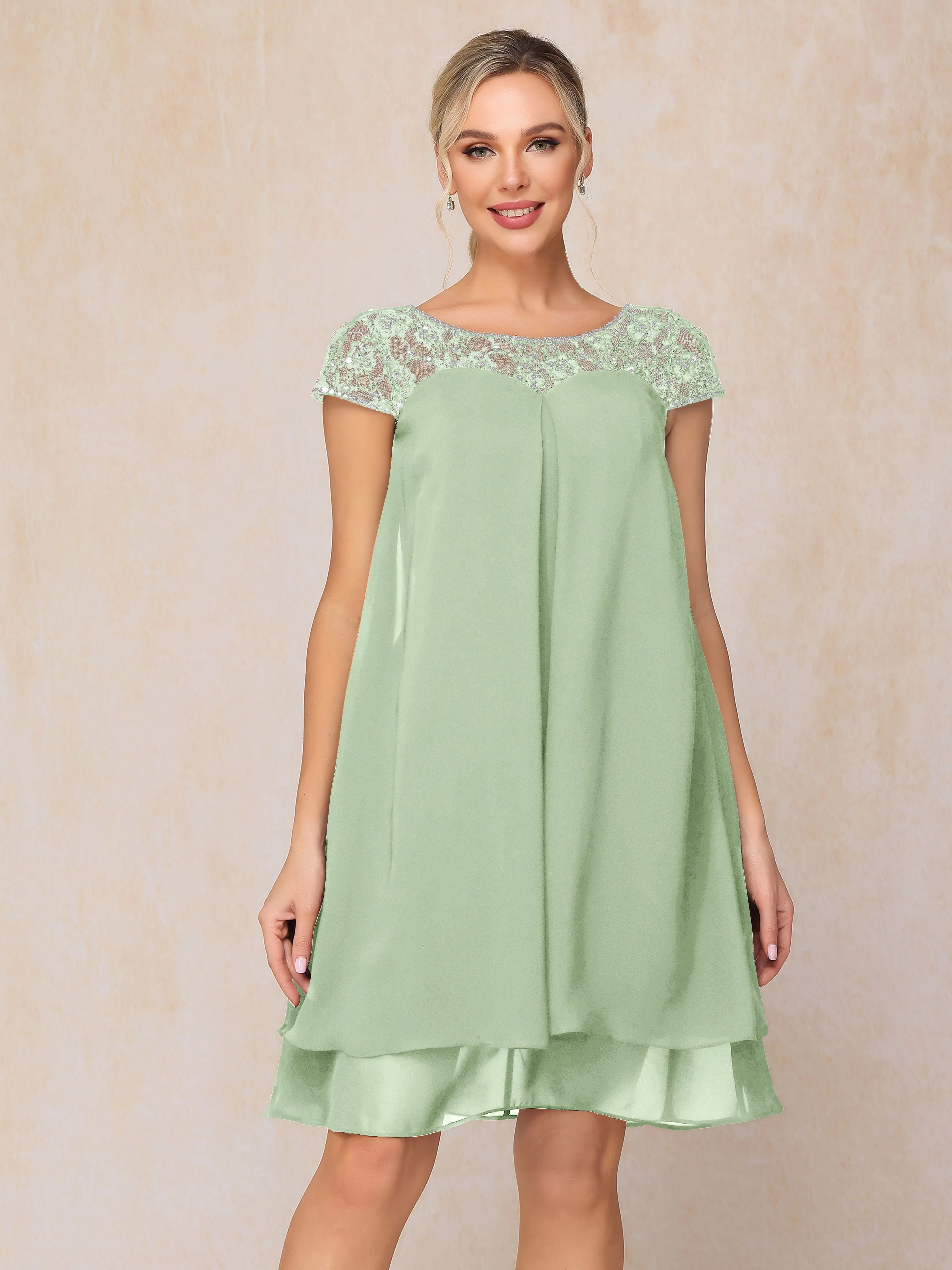 Scoop Cap Sleeves Knee Length Chiffon Mother of the Bride Dress With Lace