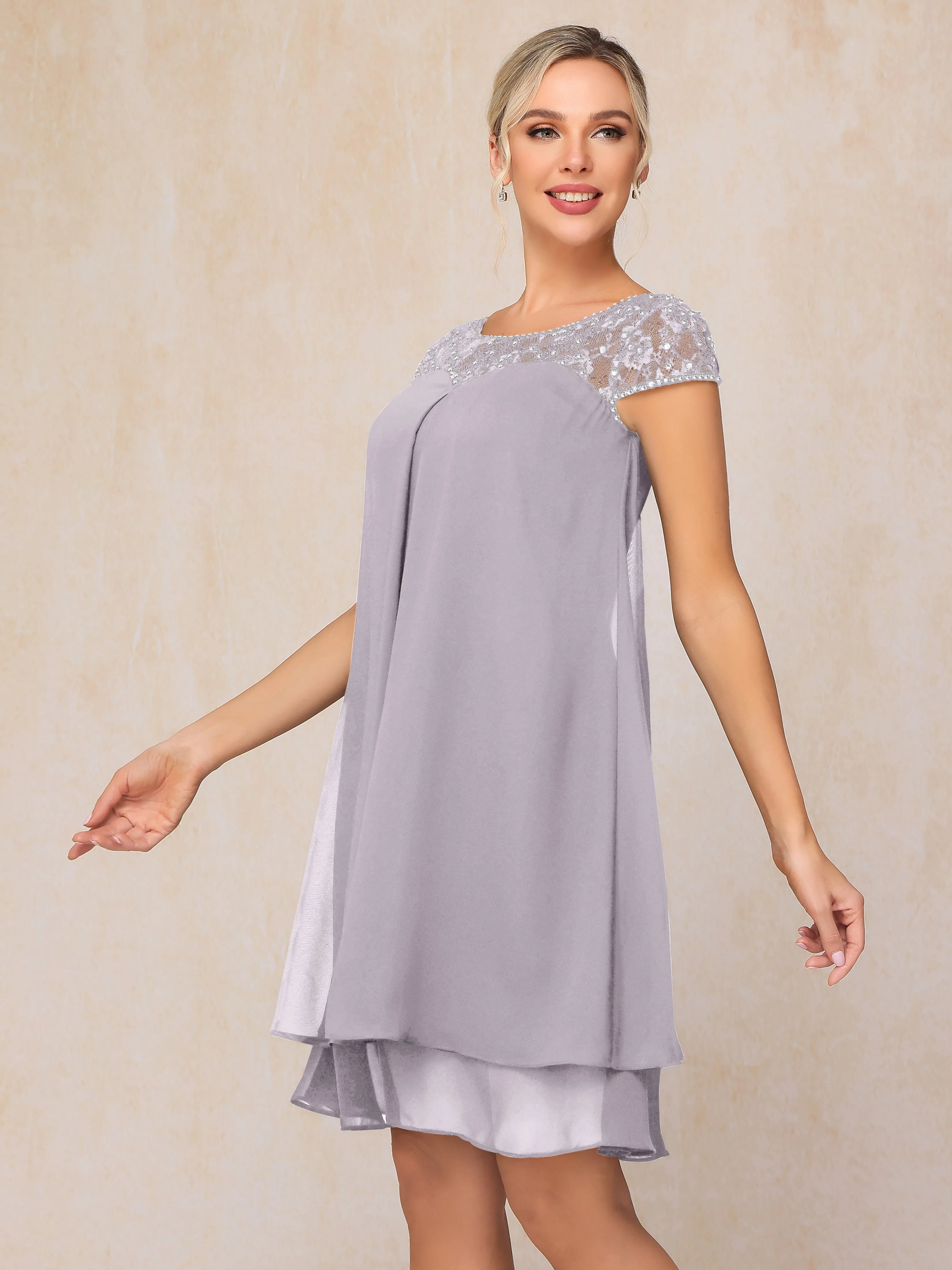 Scoop Cap Sleeves Knee Length Chiffon Mother of the Bride Dress With Lace