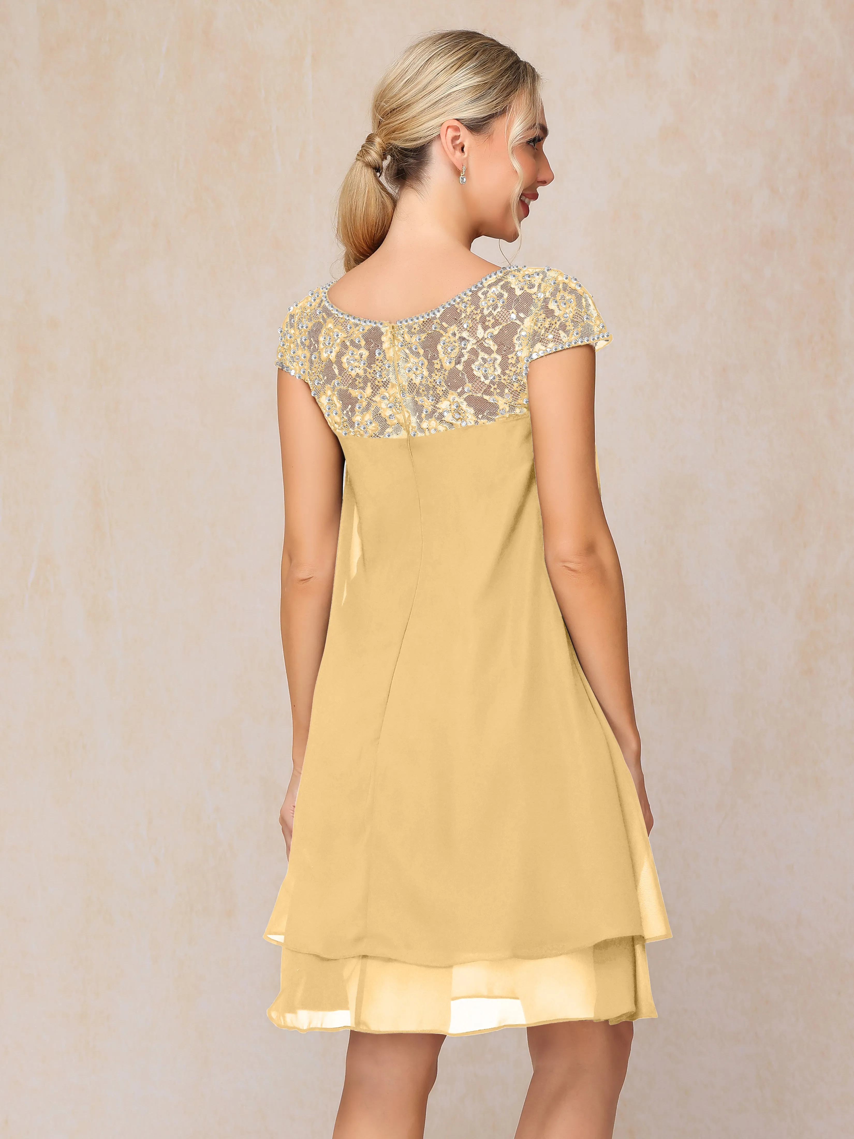 Scoop Cap Sleeves Knee Length Chiffon Mother of the Bride Dress With Lace