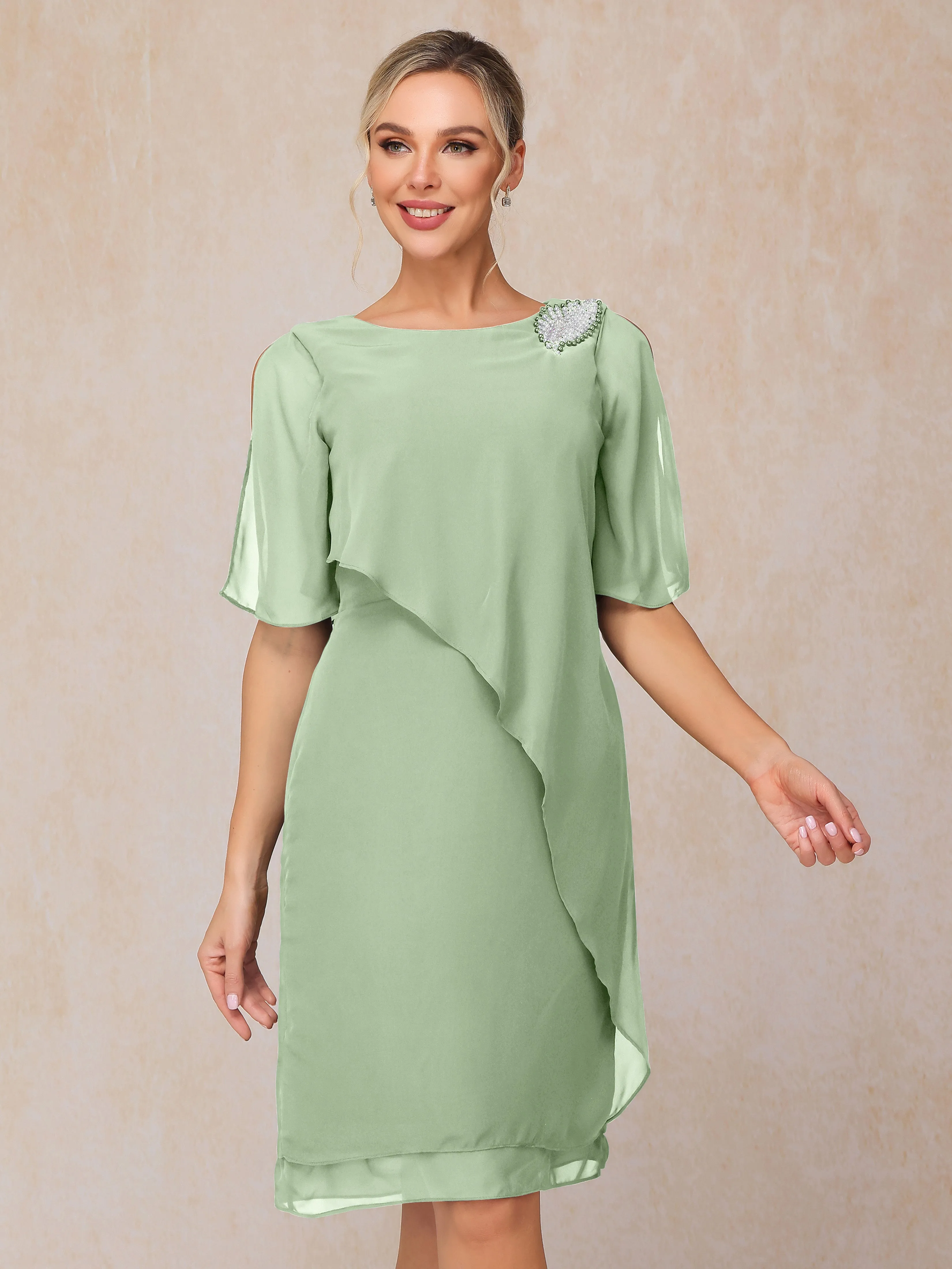 Scoop Half Sleeves Knee Length Chiffon Mother of the Bride Dress With Beading