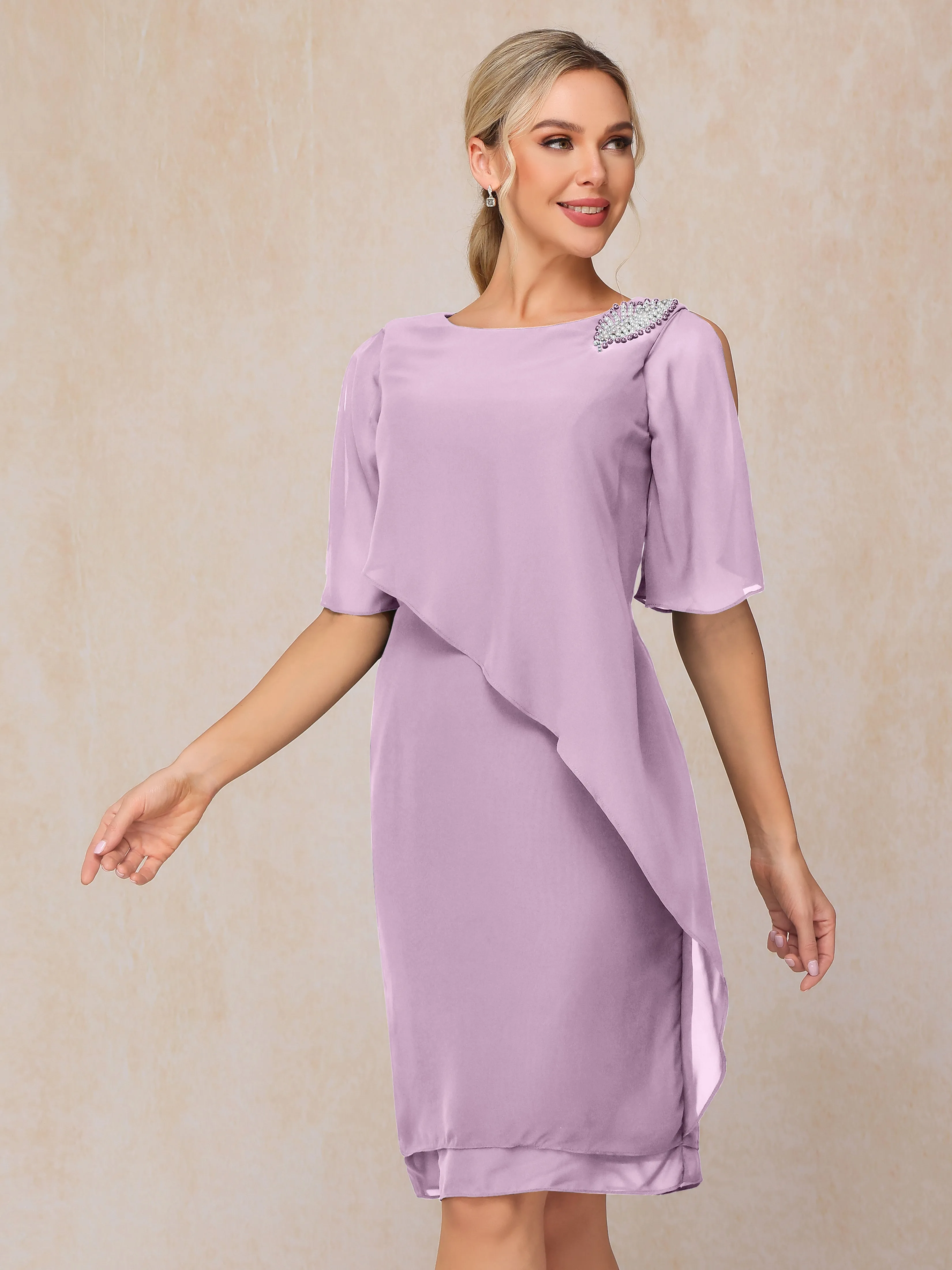 Scoop Half Sleeves Knee Length Chiffon Mother of the Bride Dress With Beading