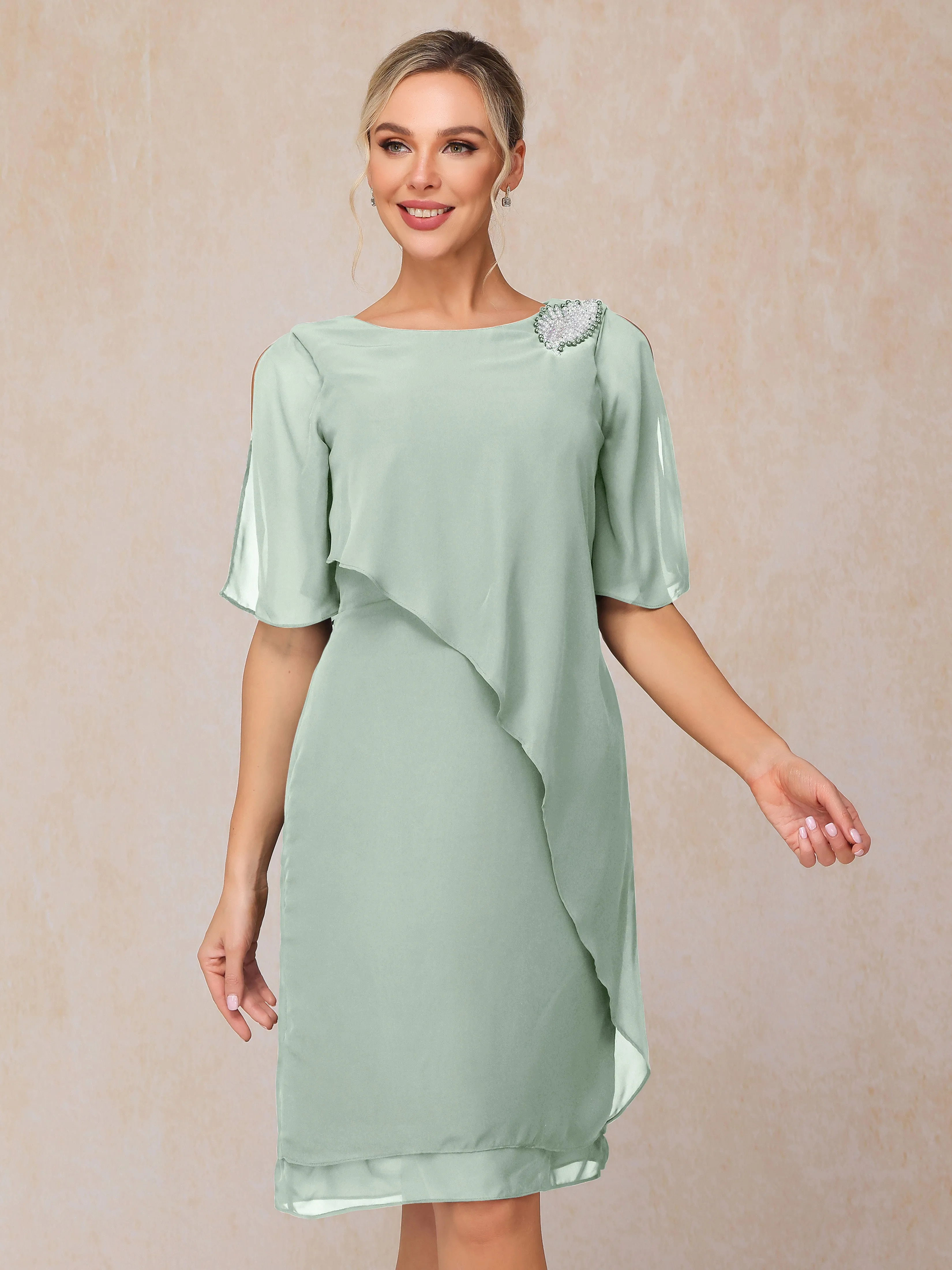 Scoop Half Sleeves Knee Length Chiffon Mother of the Bride Dress With Beading