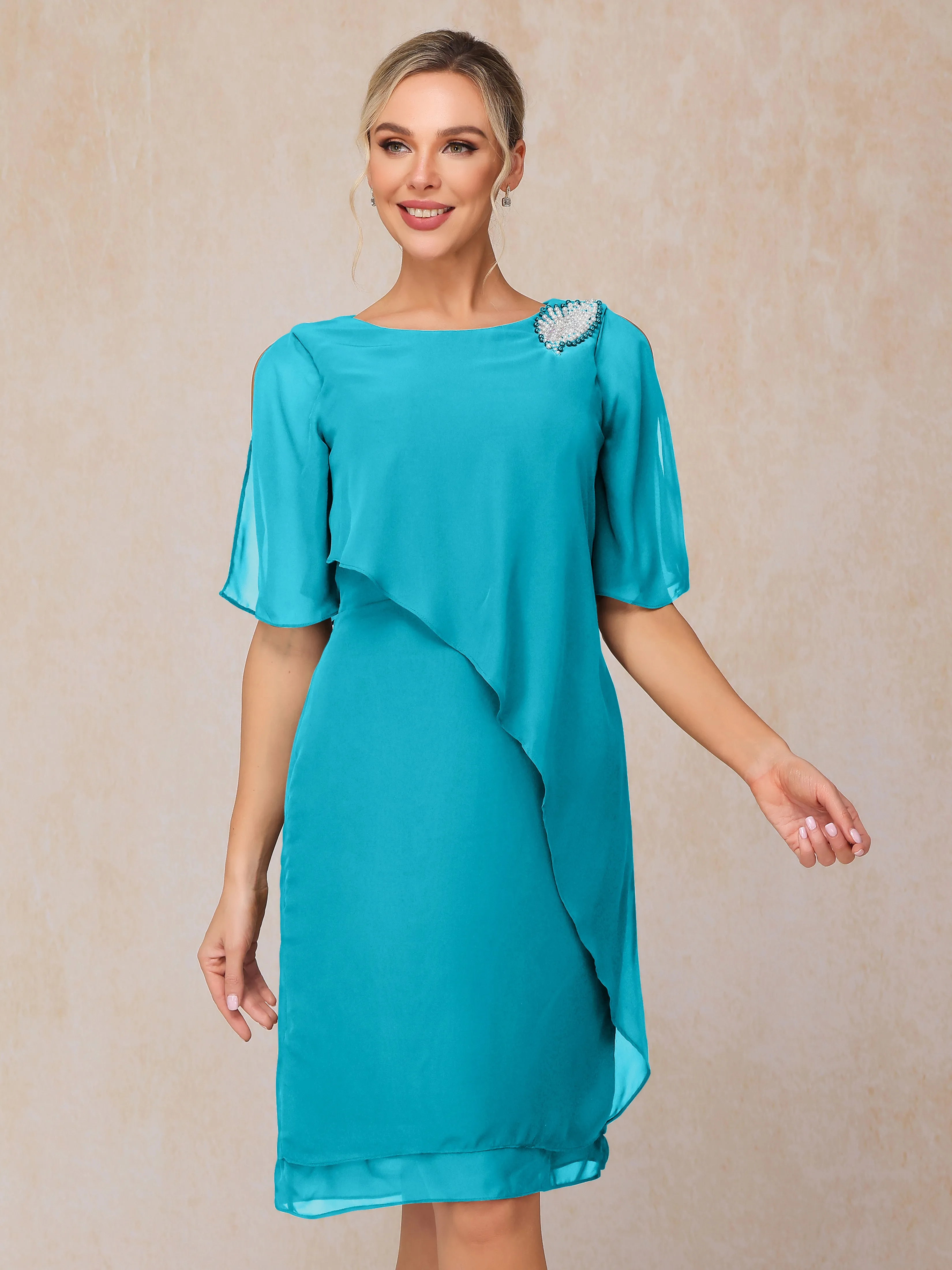 Scoop Half Sleeves Knee Length Chiffon Mother of the Bride Dress With Beading