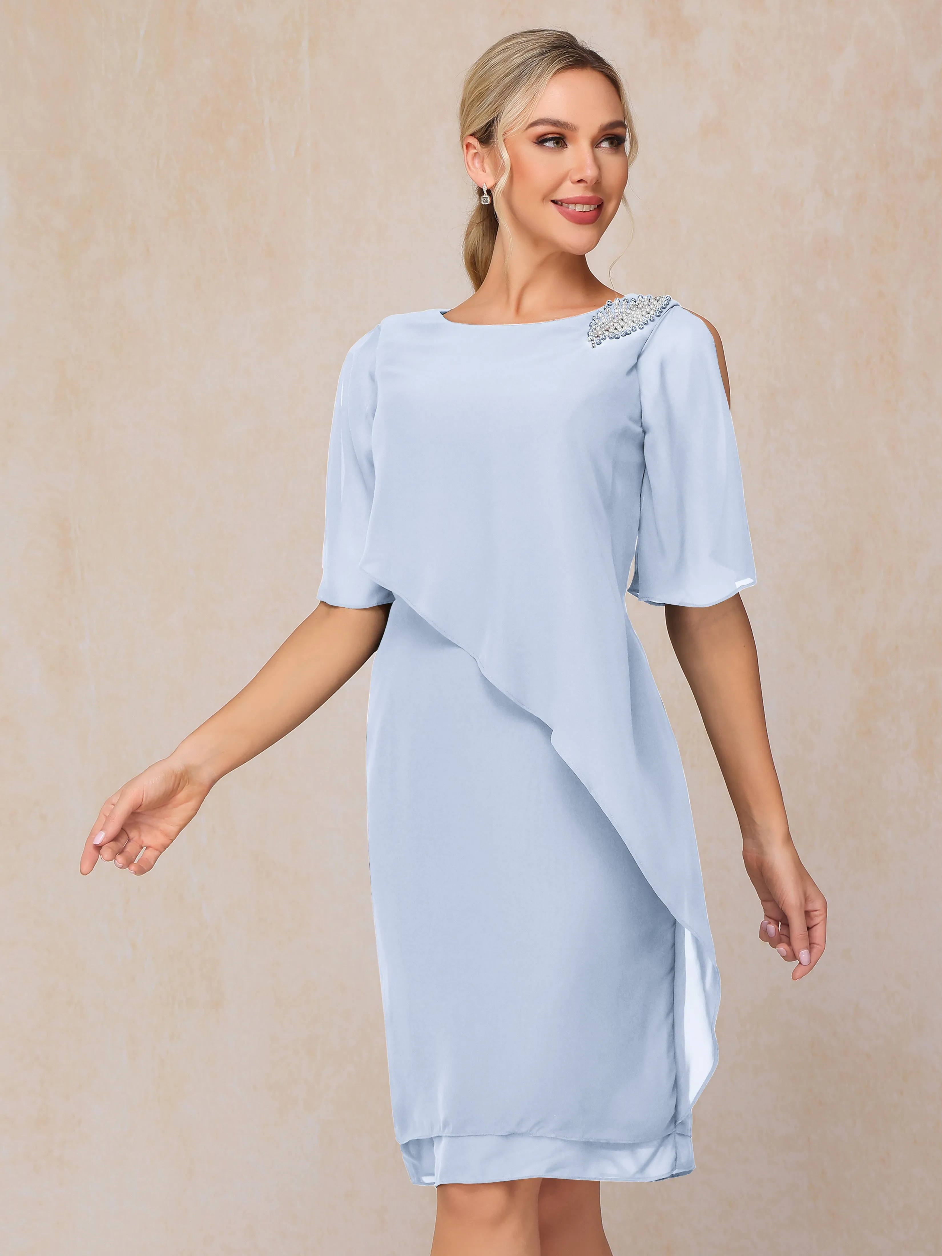 Scoop Half Sleeves Knee Length Chiffon Mother of the Bride Dress With Beading