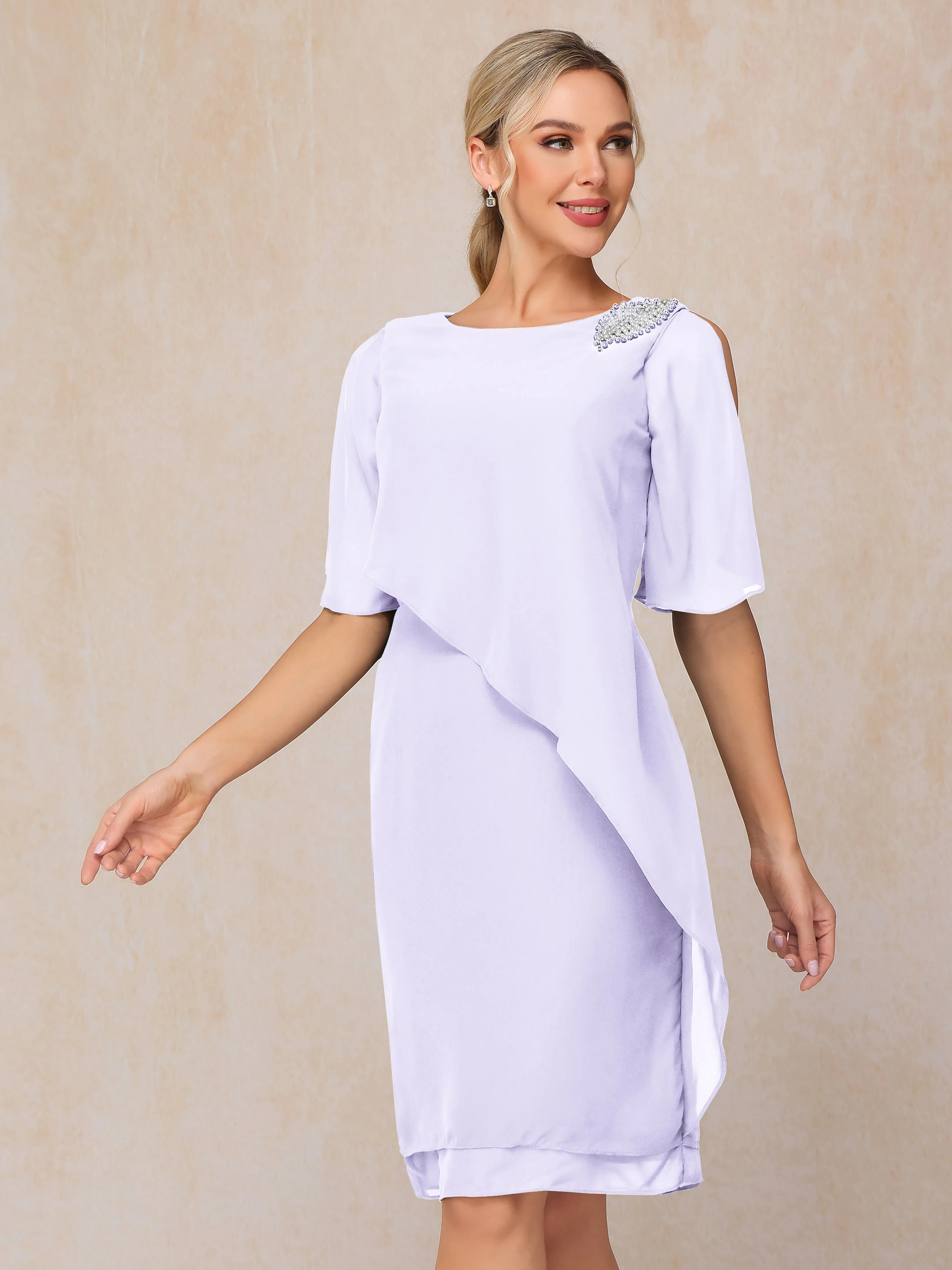 Scoop Half Sleeves Knee Length Chiffon Mother of the Bride Dress With Beading