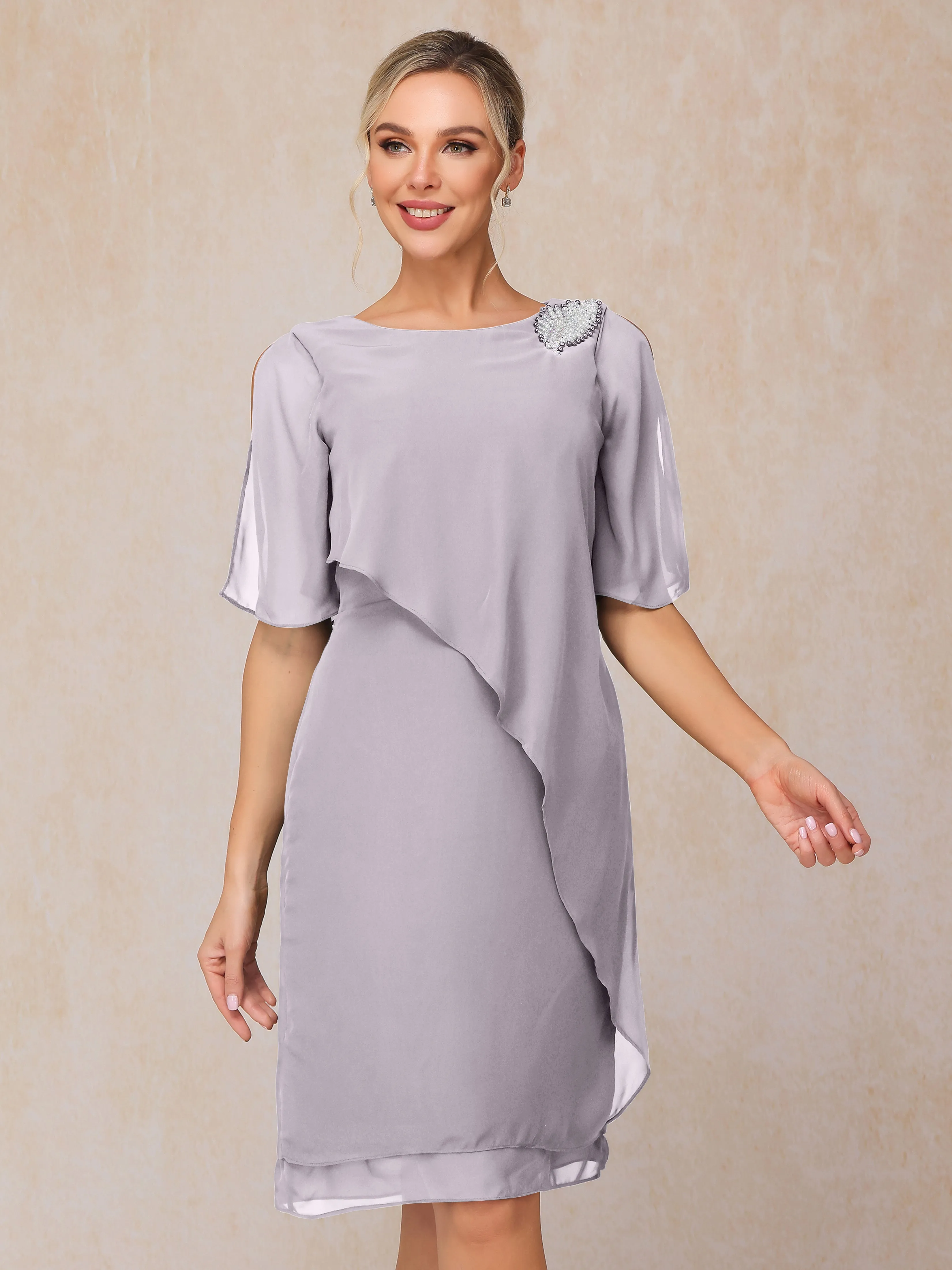 Scoop Half Sleeves Knee Length Chiffon Mother of the Bride Dress With Beading