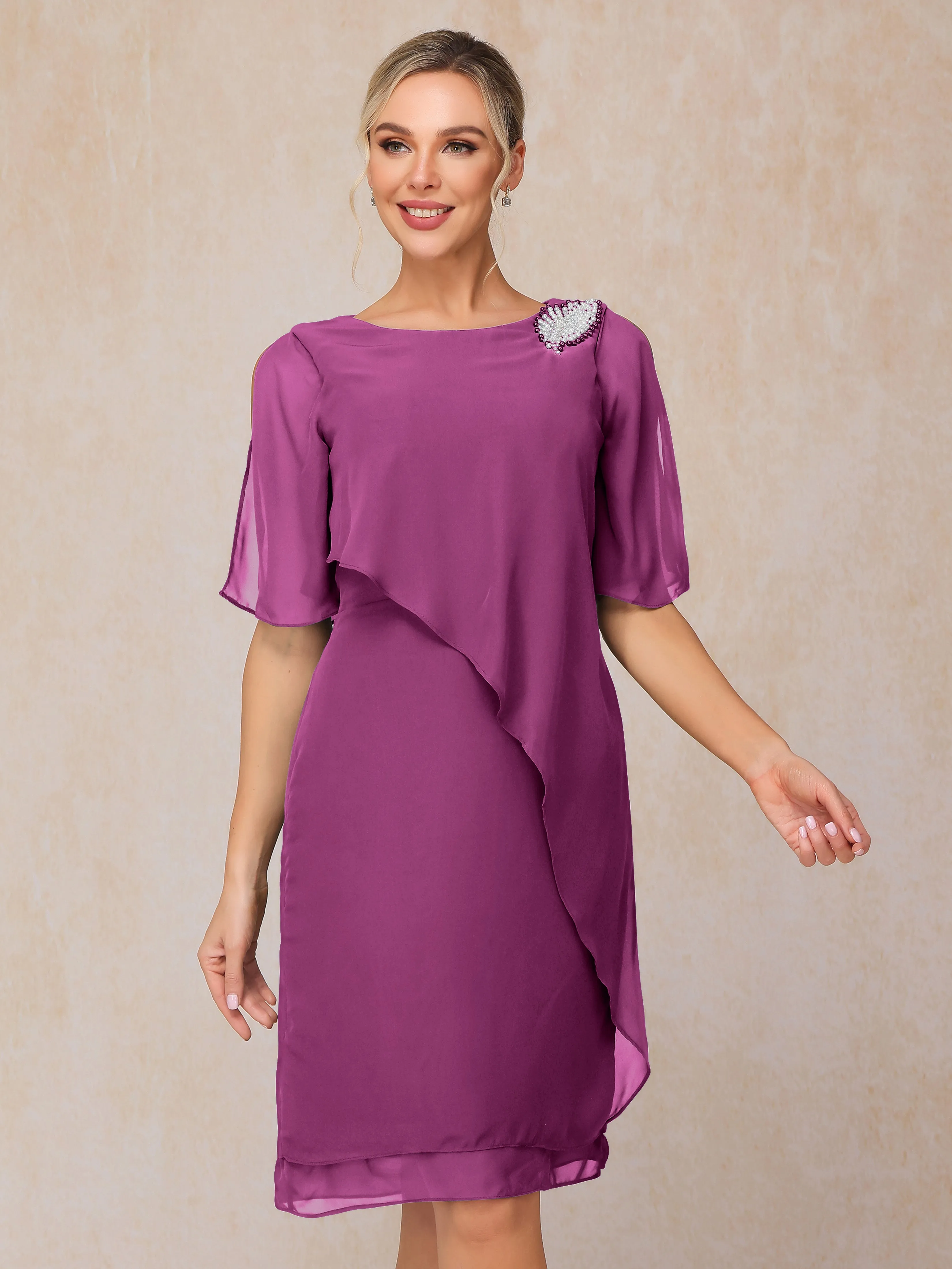 Scoop Half Sleeves Knee Length Chiffon Mother of the Bride Dress With Beading