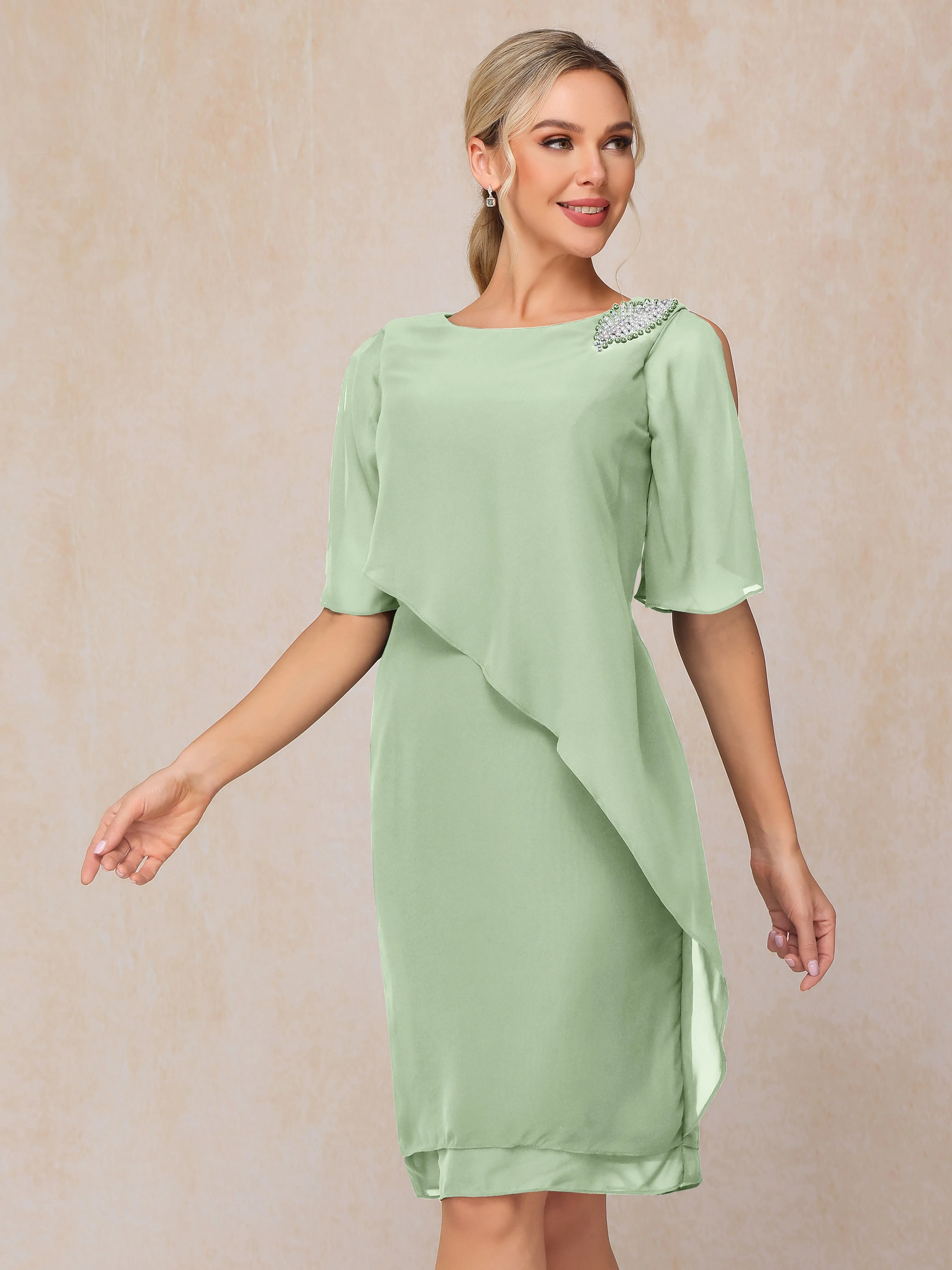 Scoop Half Sleeves Knee Length Chiffon Mother of the Bride Dress With Beading