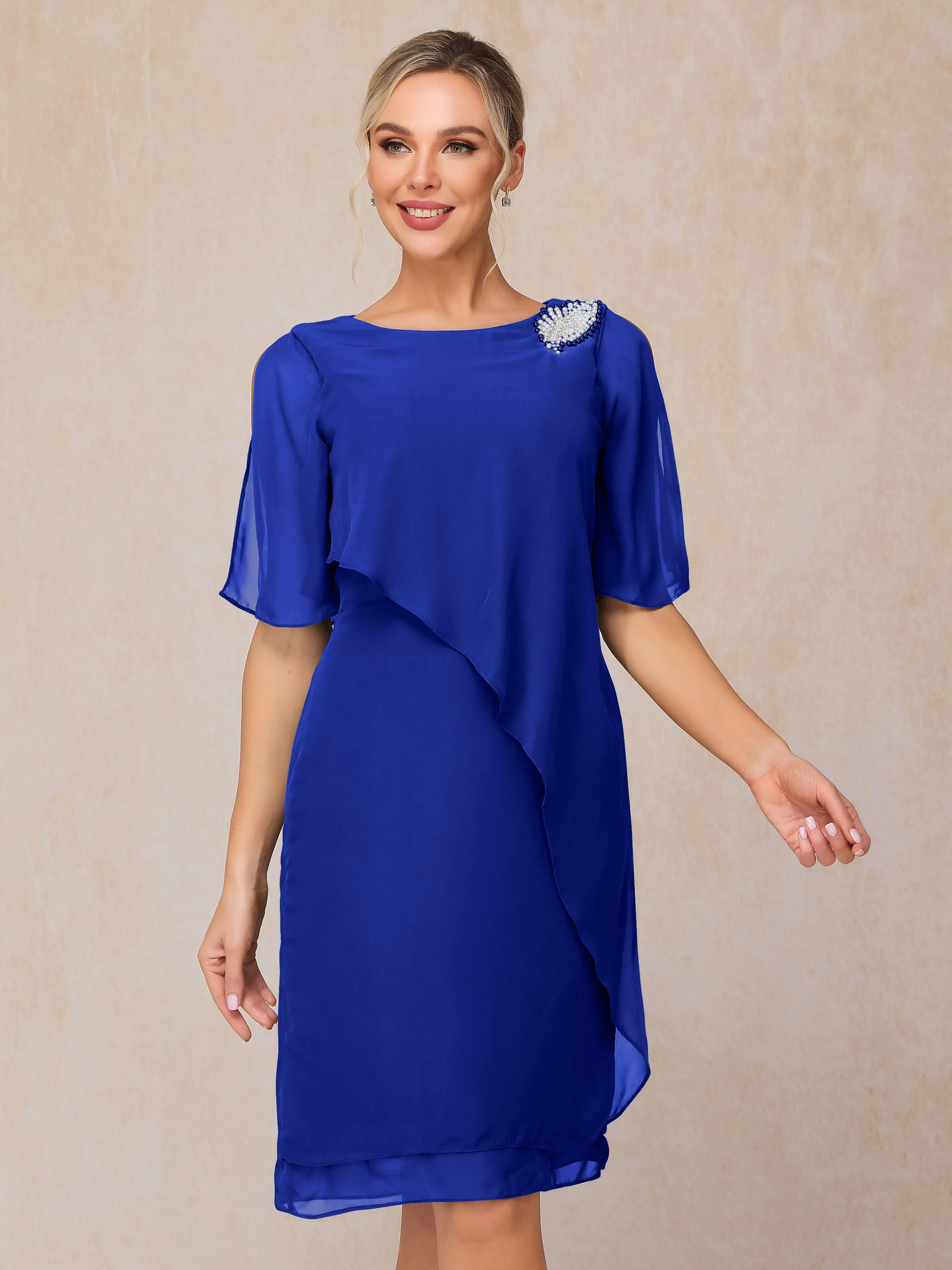 Scoop Half Sleeves Knee Length Chiffon Mother of the Bride Dress With Beading