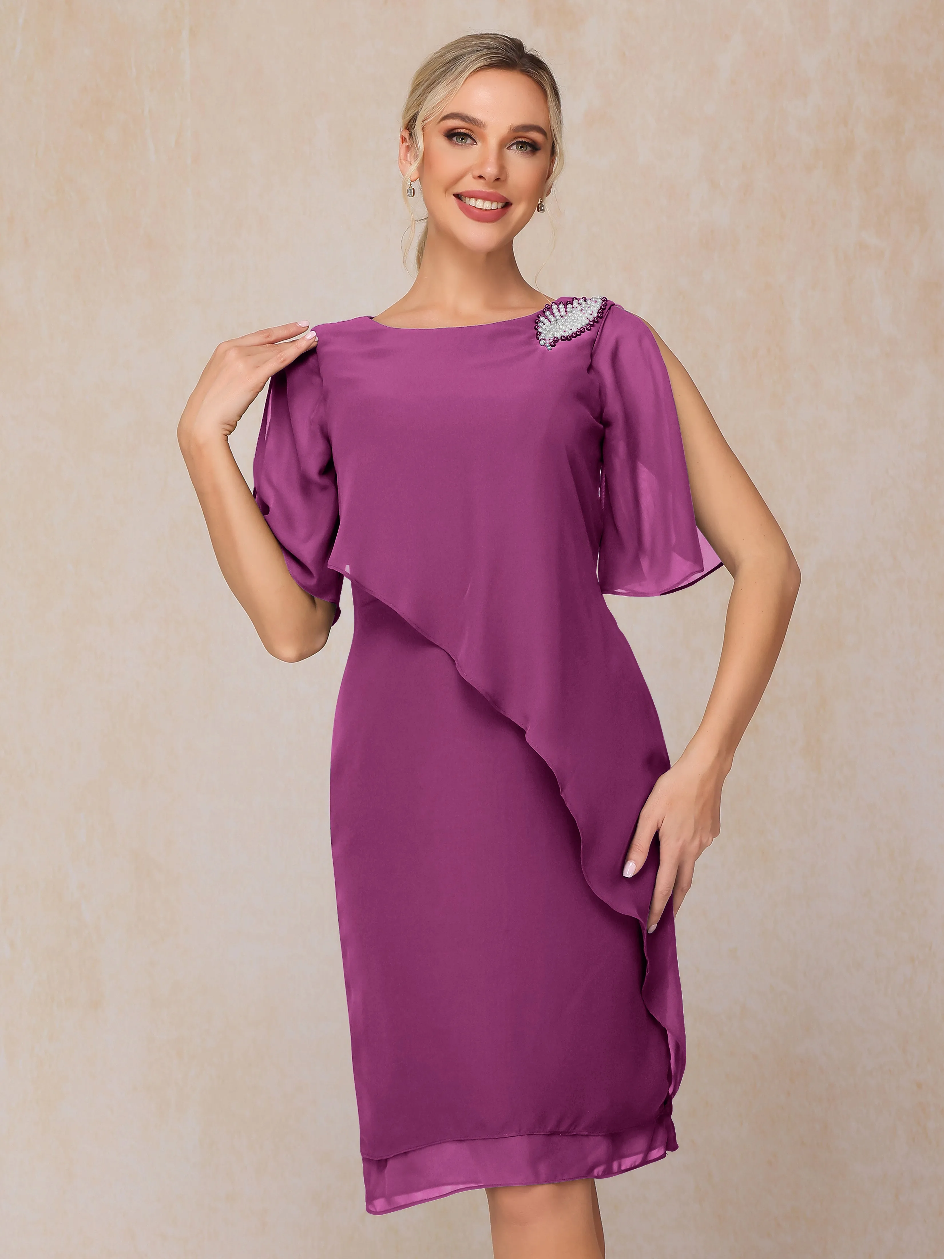 Scoop Half Sleeves Knee Length Chiffon Mother of the Bride Dress With Beading