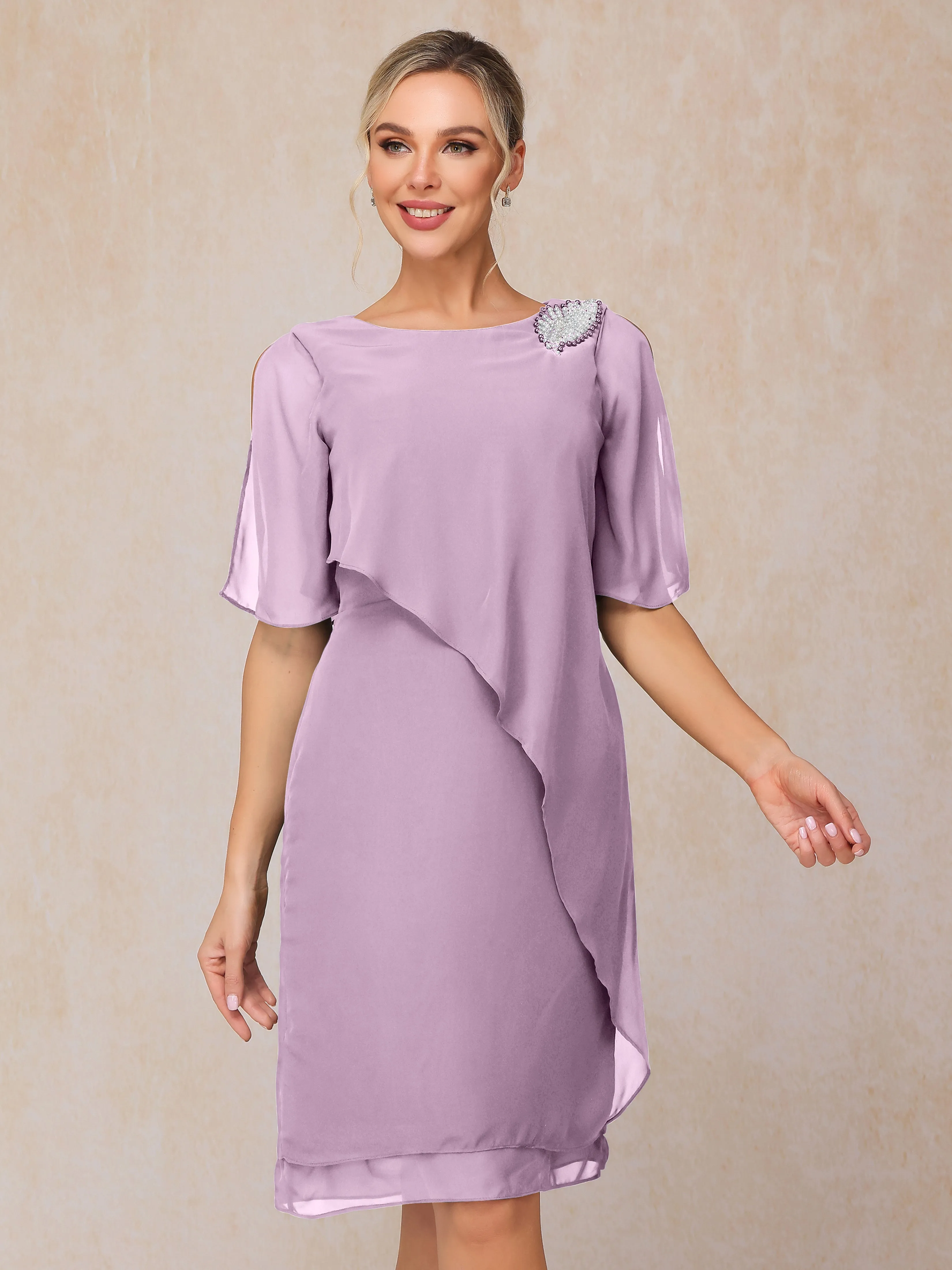 Scoop Half Sleeves Knee Length Chiffon Mother of the Bride Dress With Beading