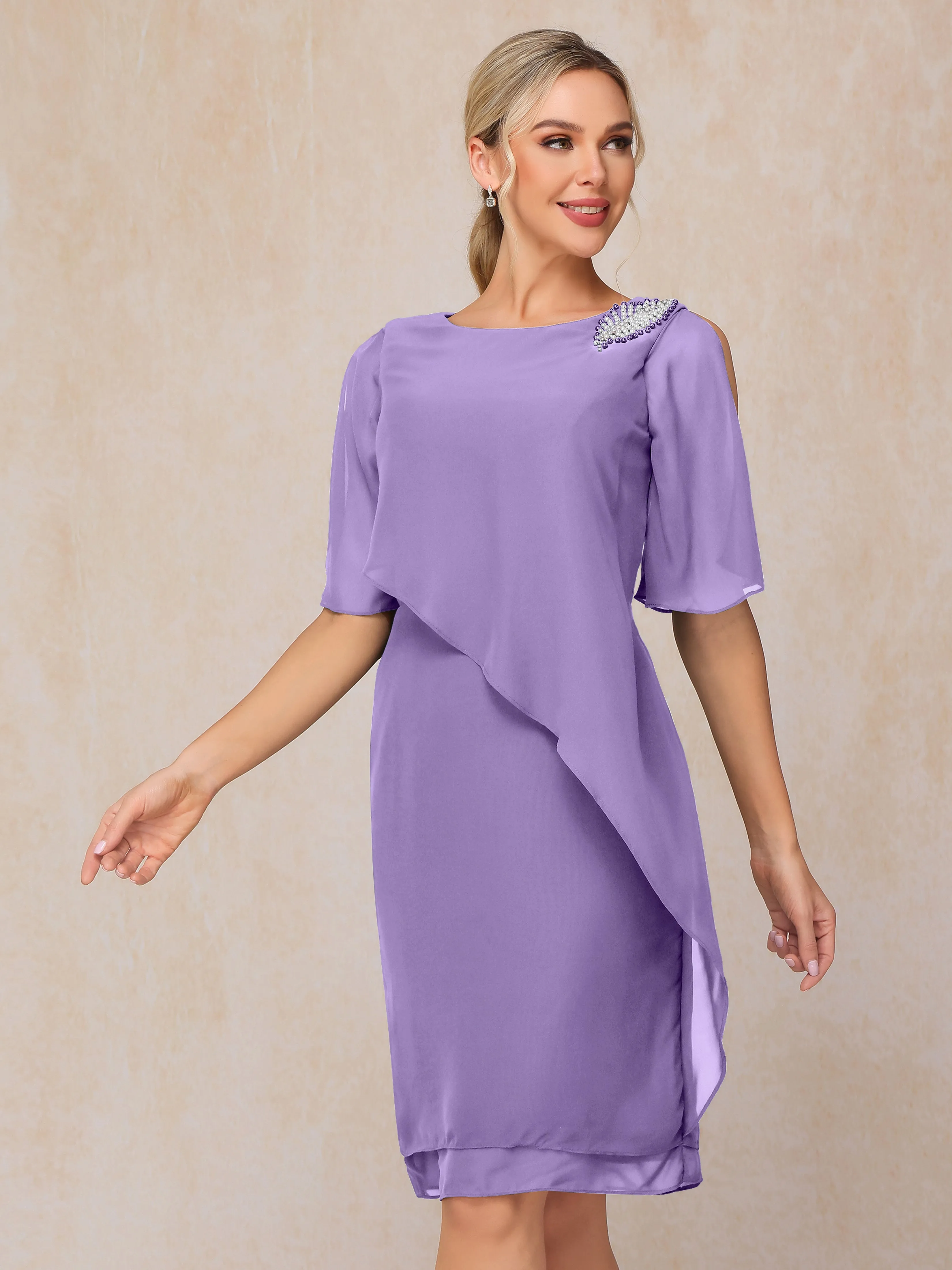 Scoop Half Sleeves Knee Length Chiffon Mother of the Bride Dress With Beading