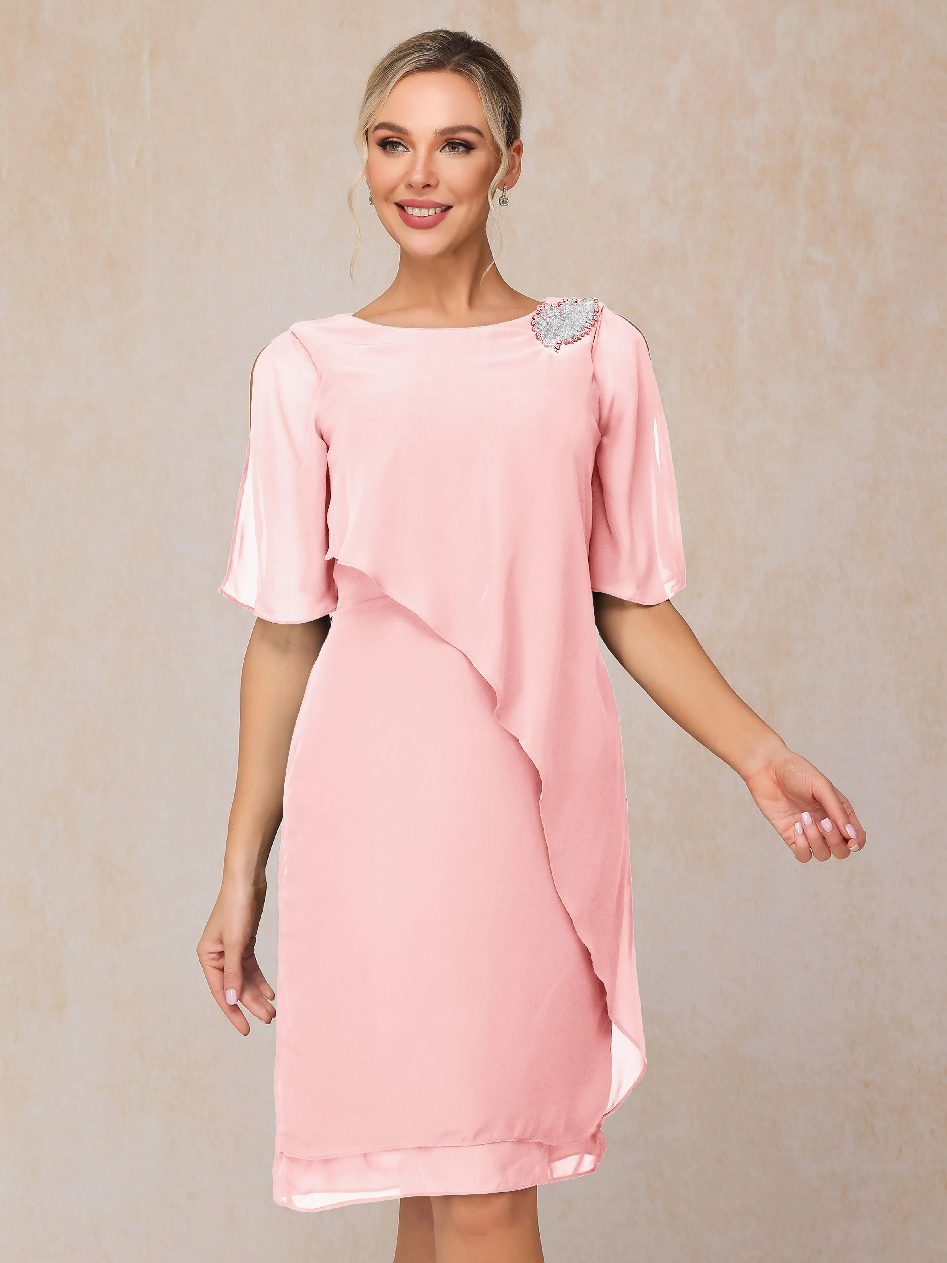 Scoop Half Sleeves Knee Length Chiffon Mother of the Bride Dress With Beading