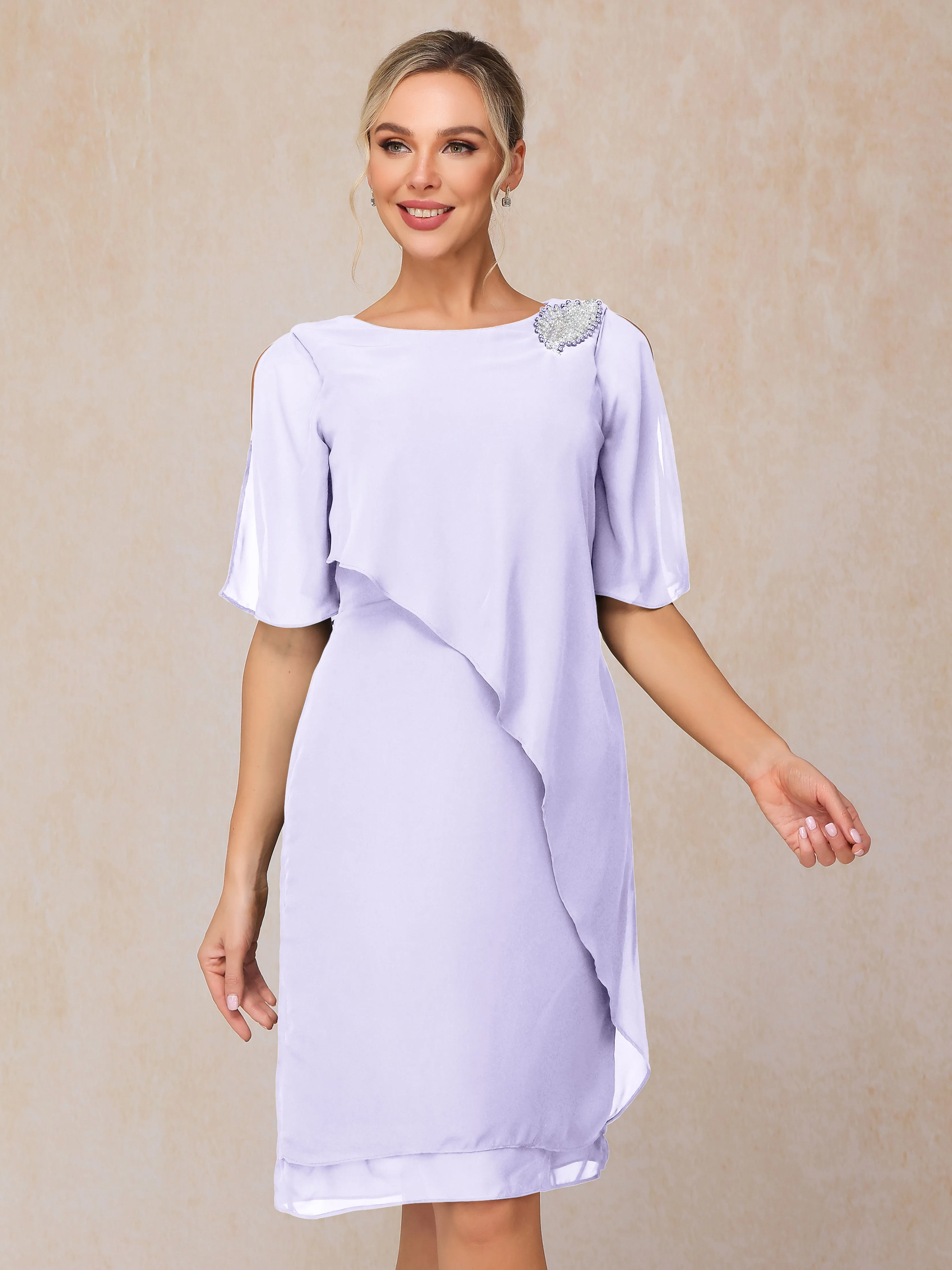 Scoop Half Sleeves Knee Length Chiffon Mother of the Bride Dress With Beading