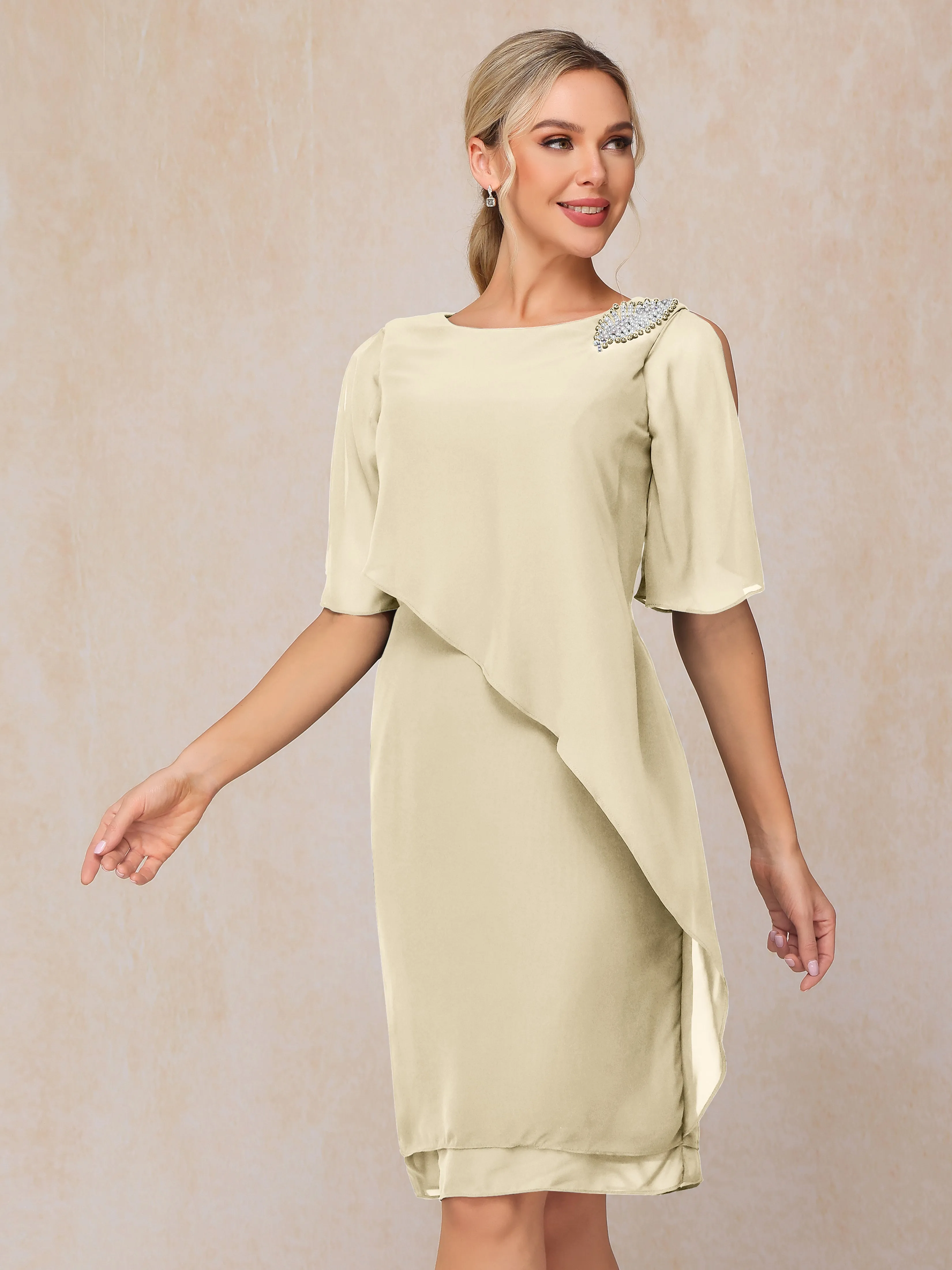 Scoop Half Sleeves Knee Length Chiffon Mother of the Bride Dress With Beading