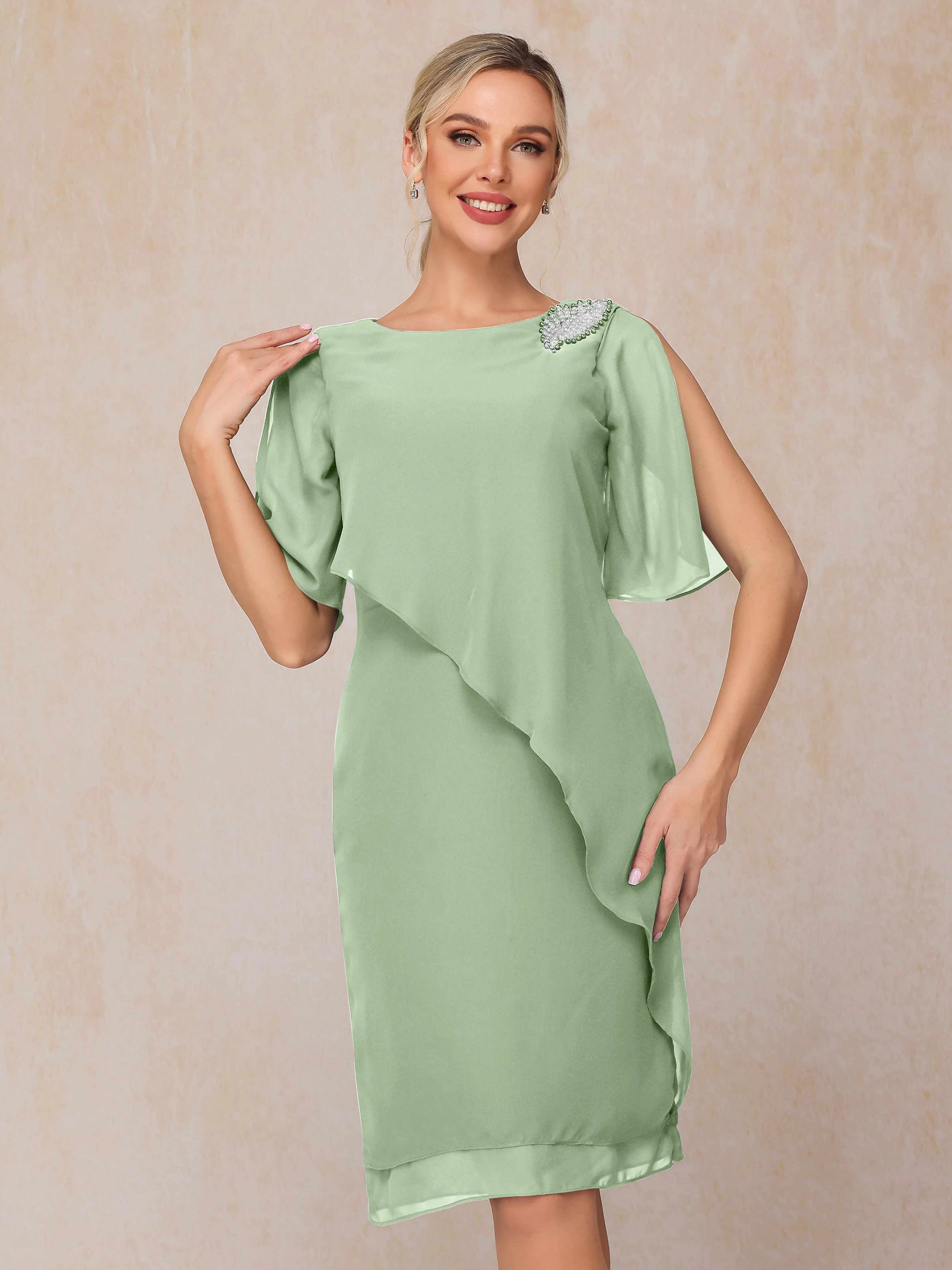 Scoop Half Sleeves Knee Length Chiffon Mother of the Bride Dress With Beading