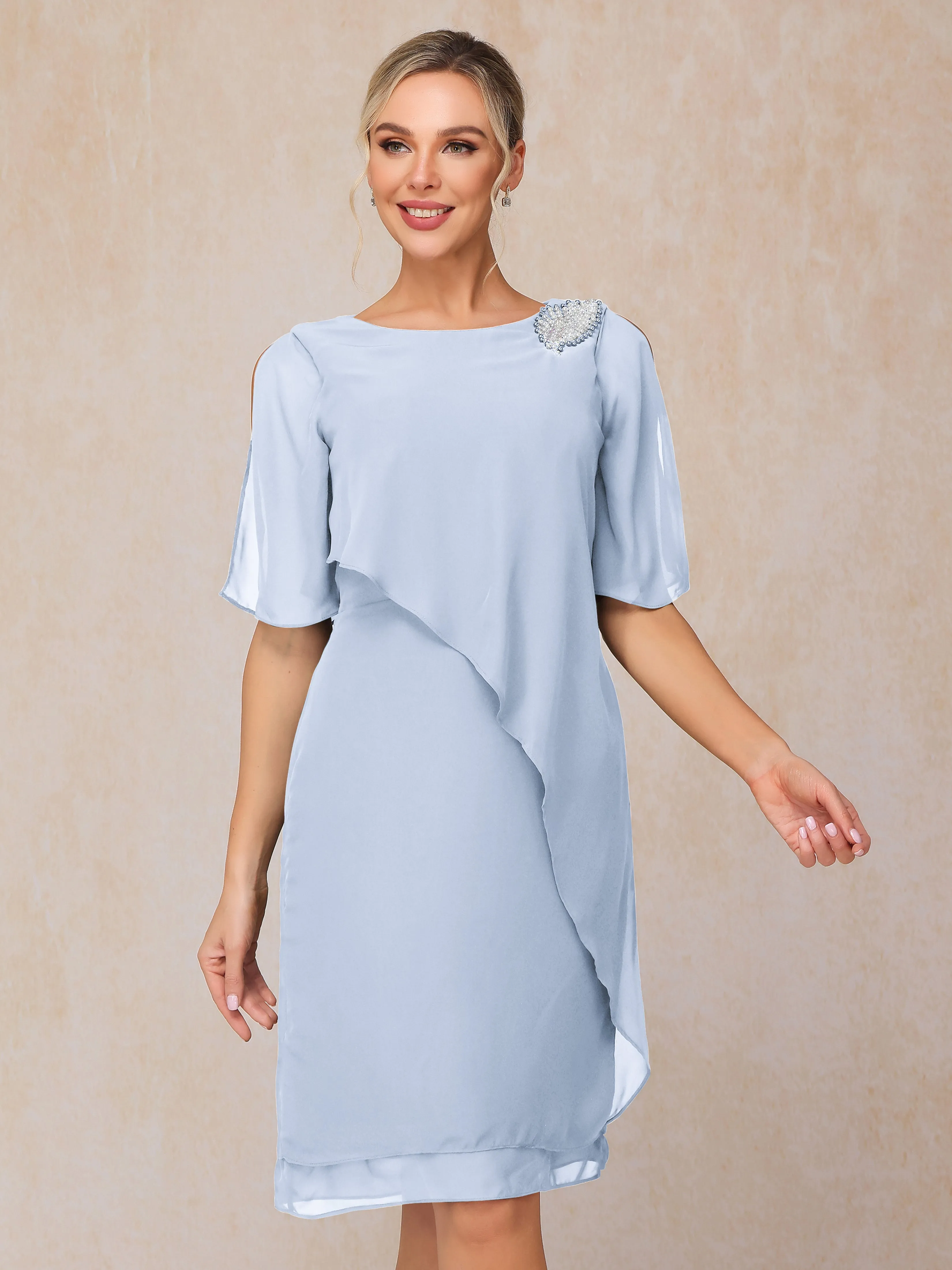 Scoop Half Sleeves Knee Length Chiffon Mother of the Bride Dress With Beading