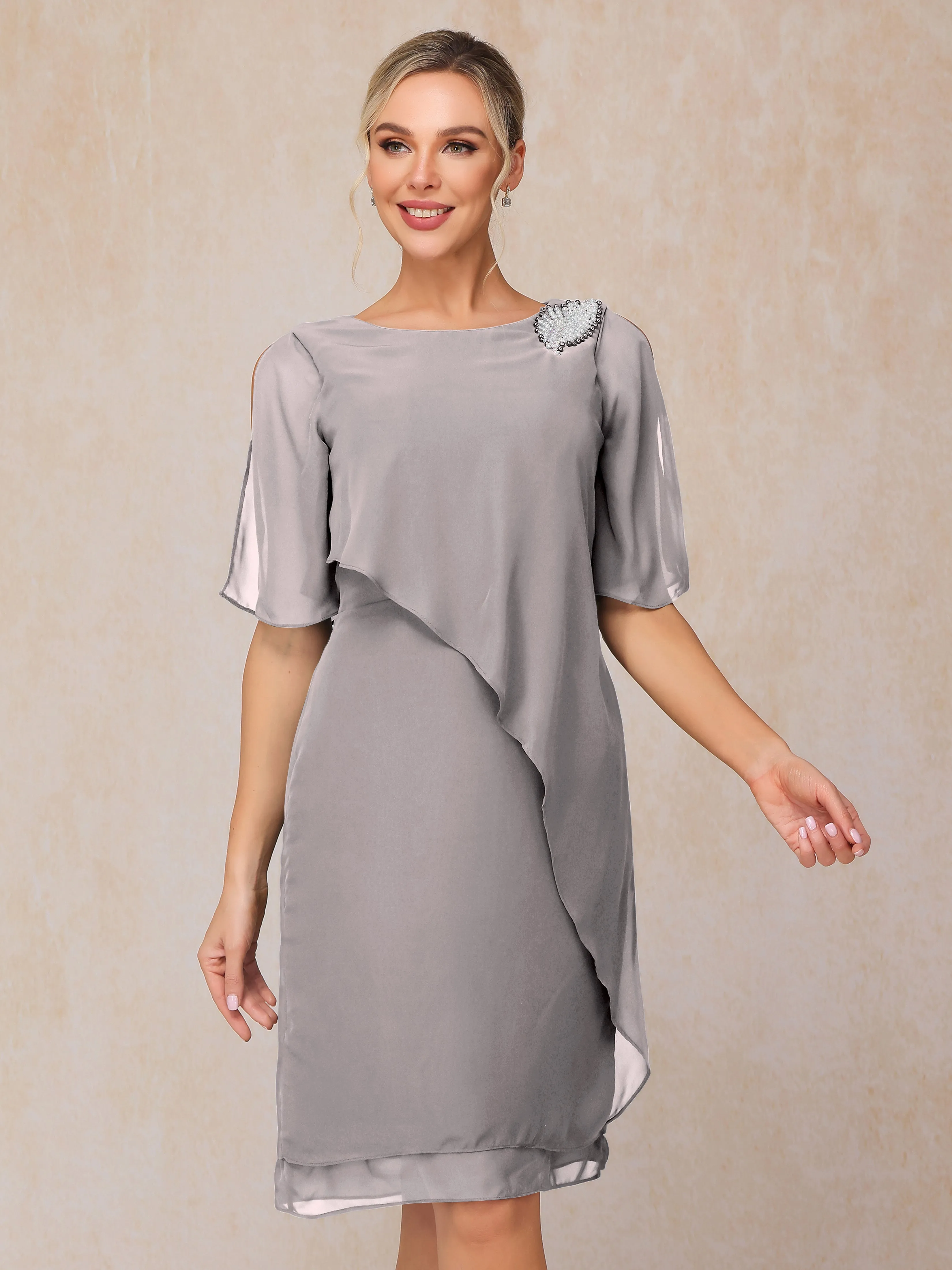 Scoop Half Sleeves Knee Length Chiffon Mother of the Bride Dress With Beading