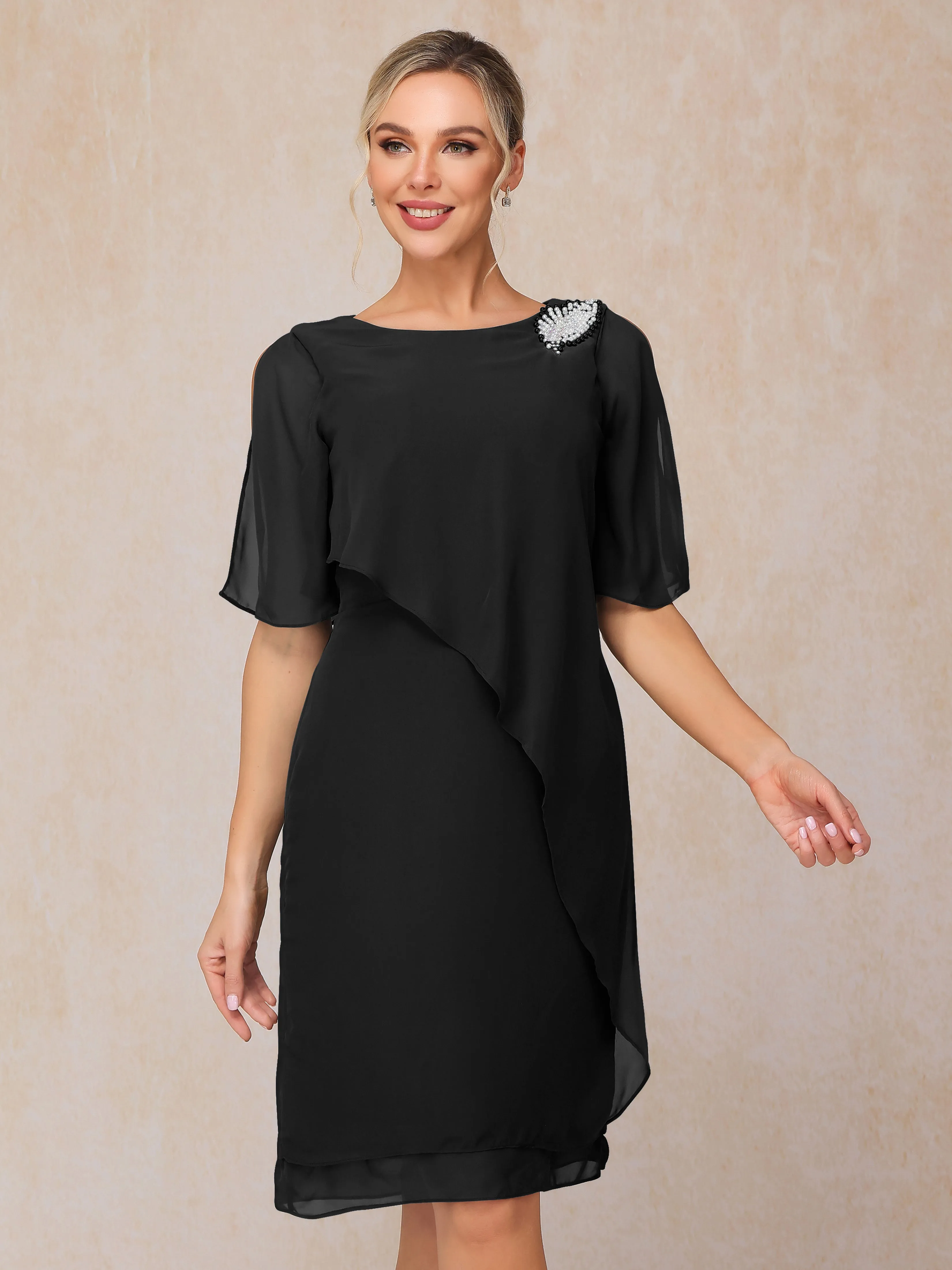 Scoop Half Sleeves Knee Length Chiffon Mother of the Bride Dress With Beading