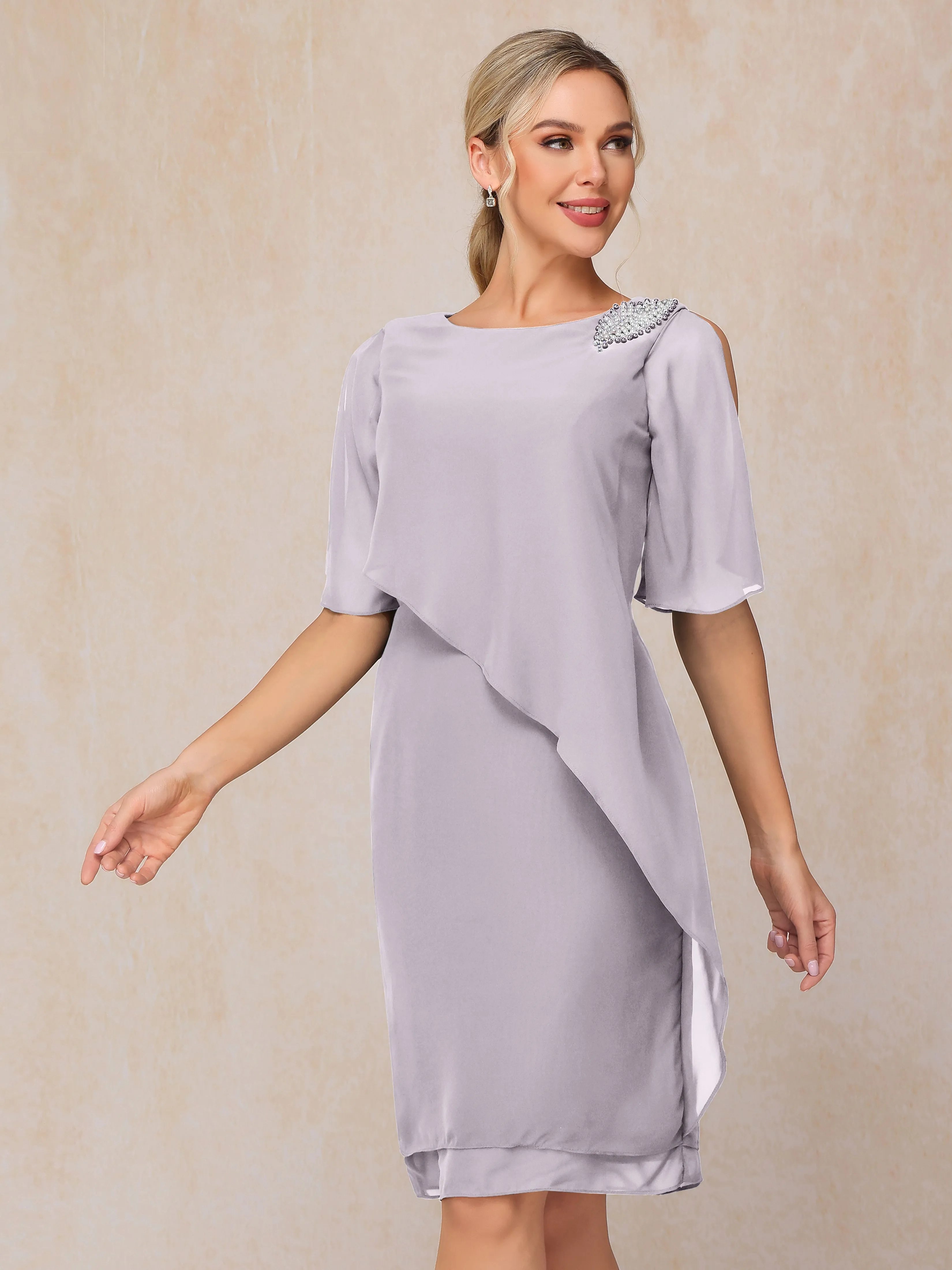 Scoop Half Sleeves Knee Length Chiffon Mother of the Bride Dress With Beading