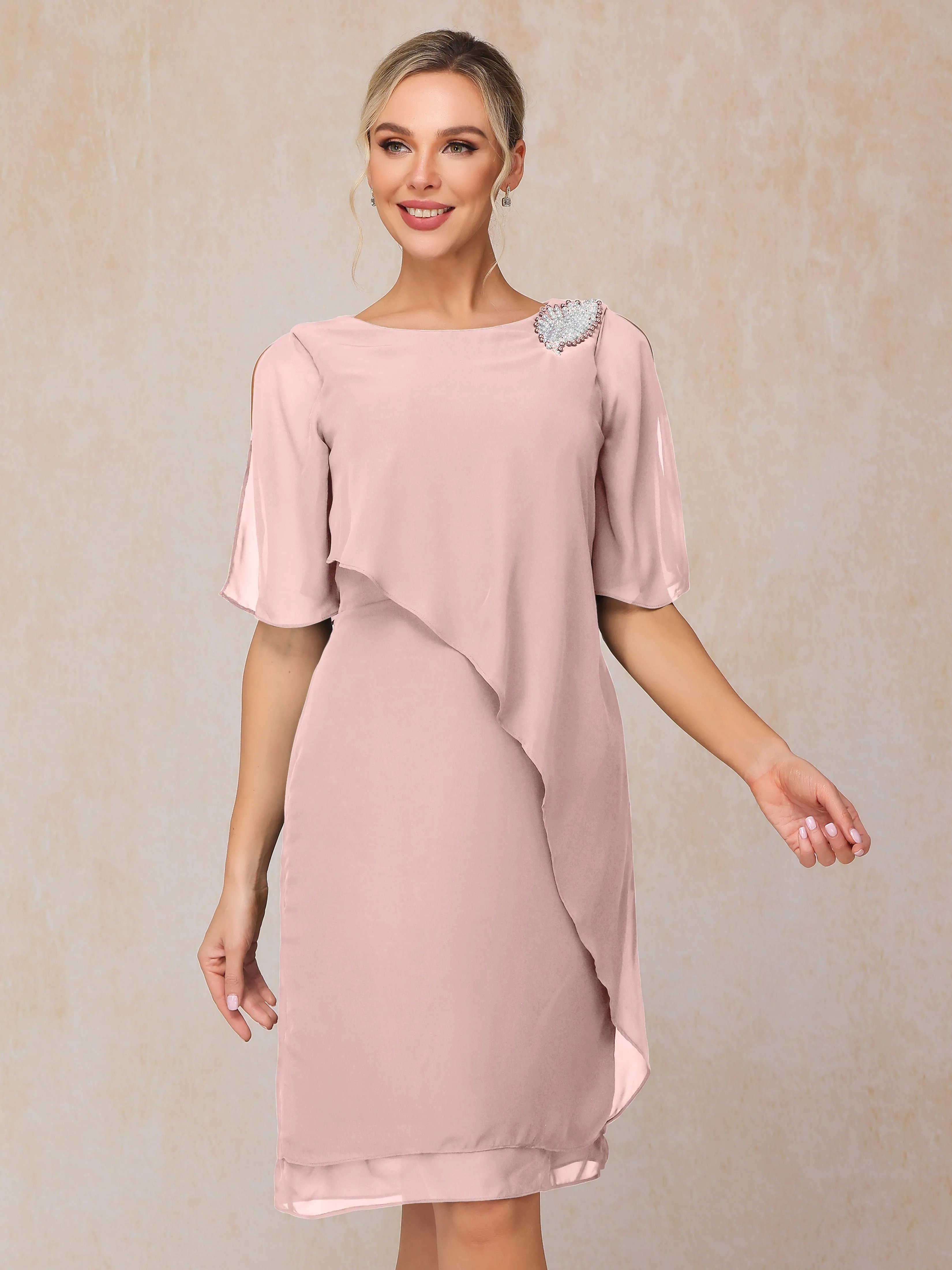 Scoop Half Sleeves Knee Length Chiffon Mother of the Bride Dress With Beading