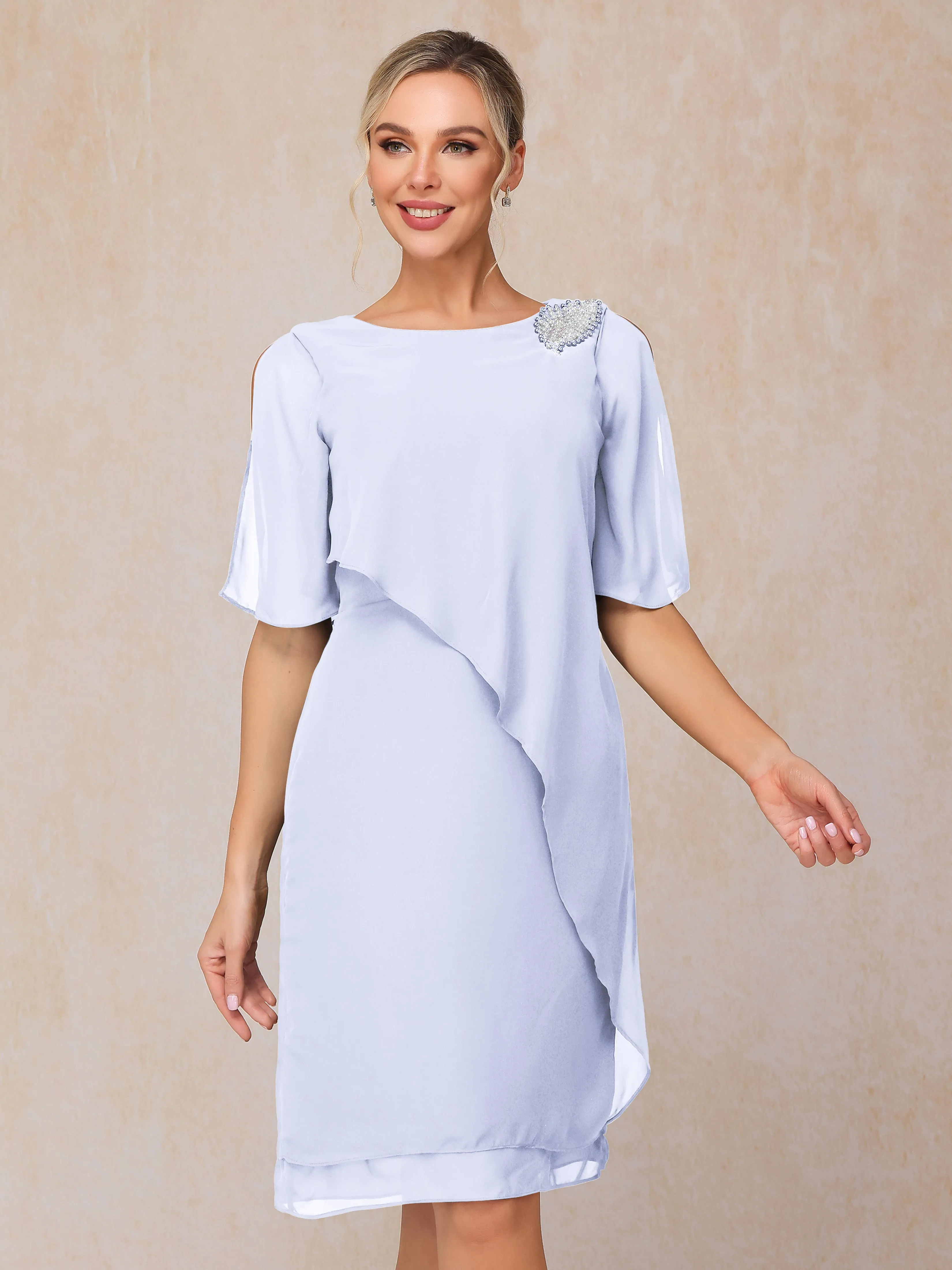 Scoop Half Sleeves Knee Length Chiffon Mother of the Bride Dress With Beading