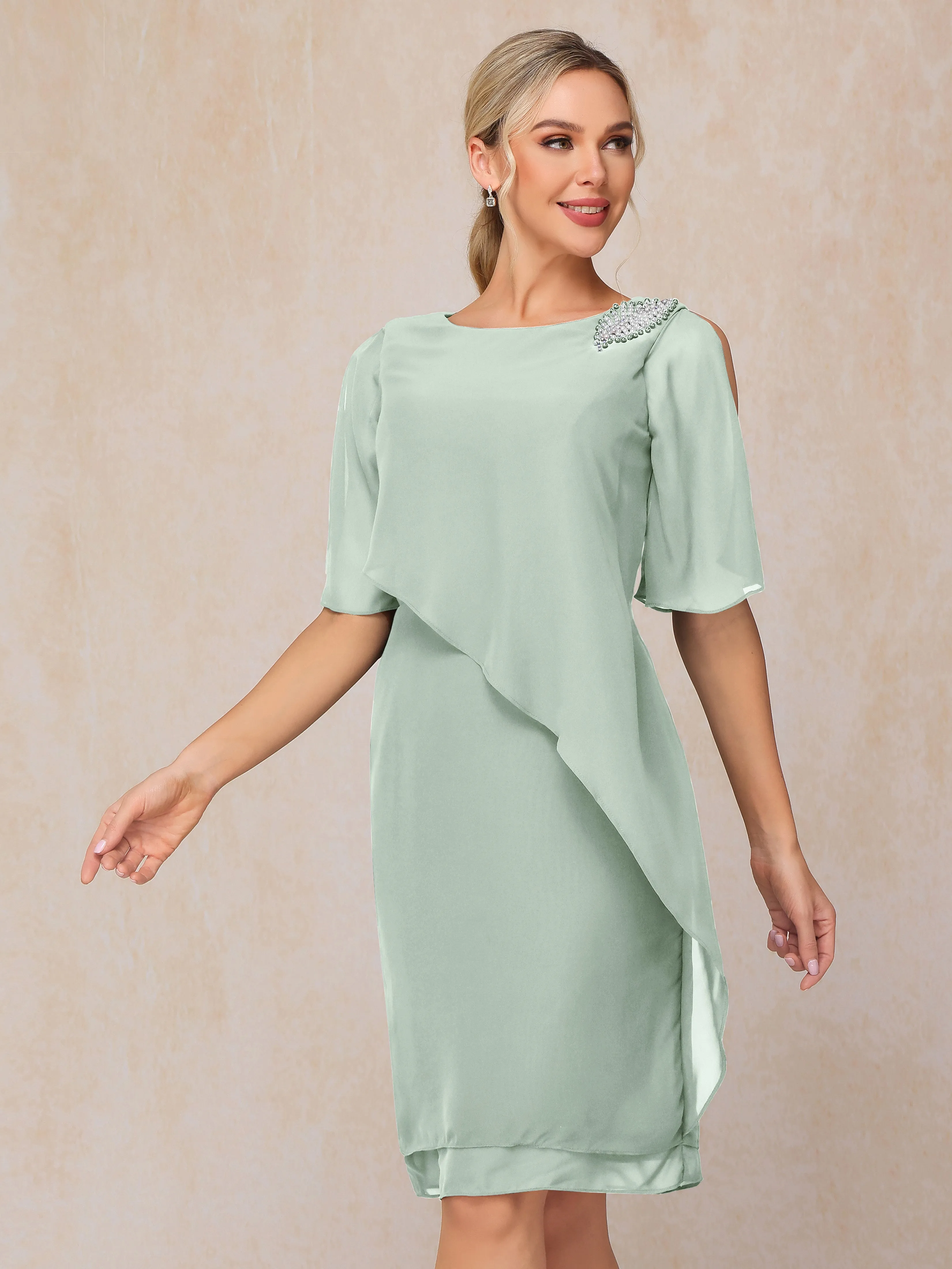 Scoop Half Sleeves Knee Length Chiffon Mother of the Bride Dress With Beading