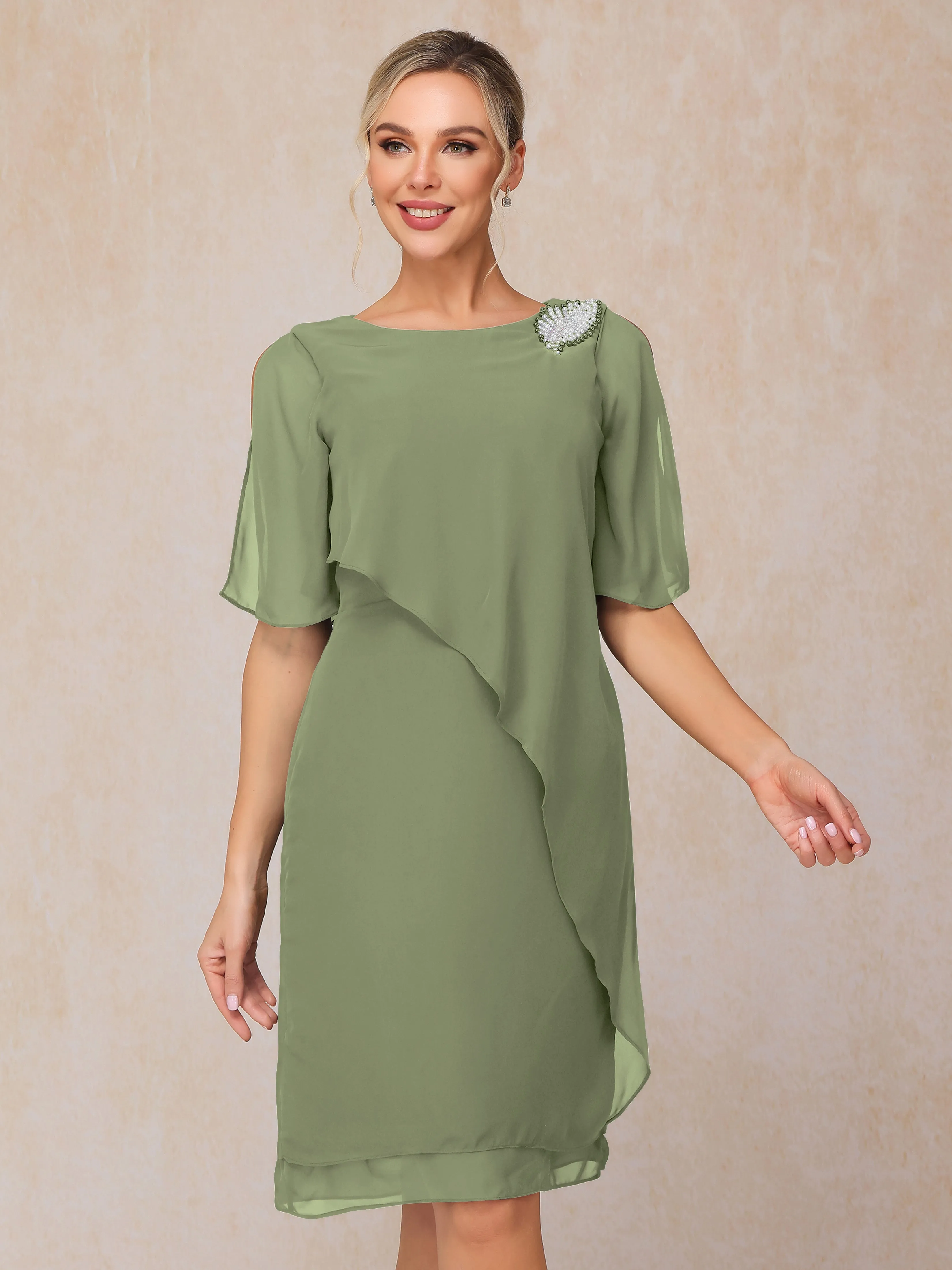 Scoop Half Sleeves Knee Length Chiffon Mother of the Bride Dress With Beading