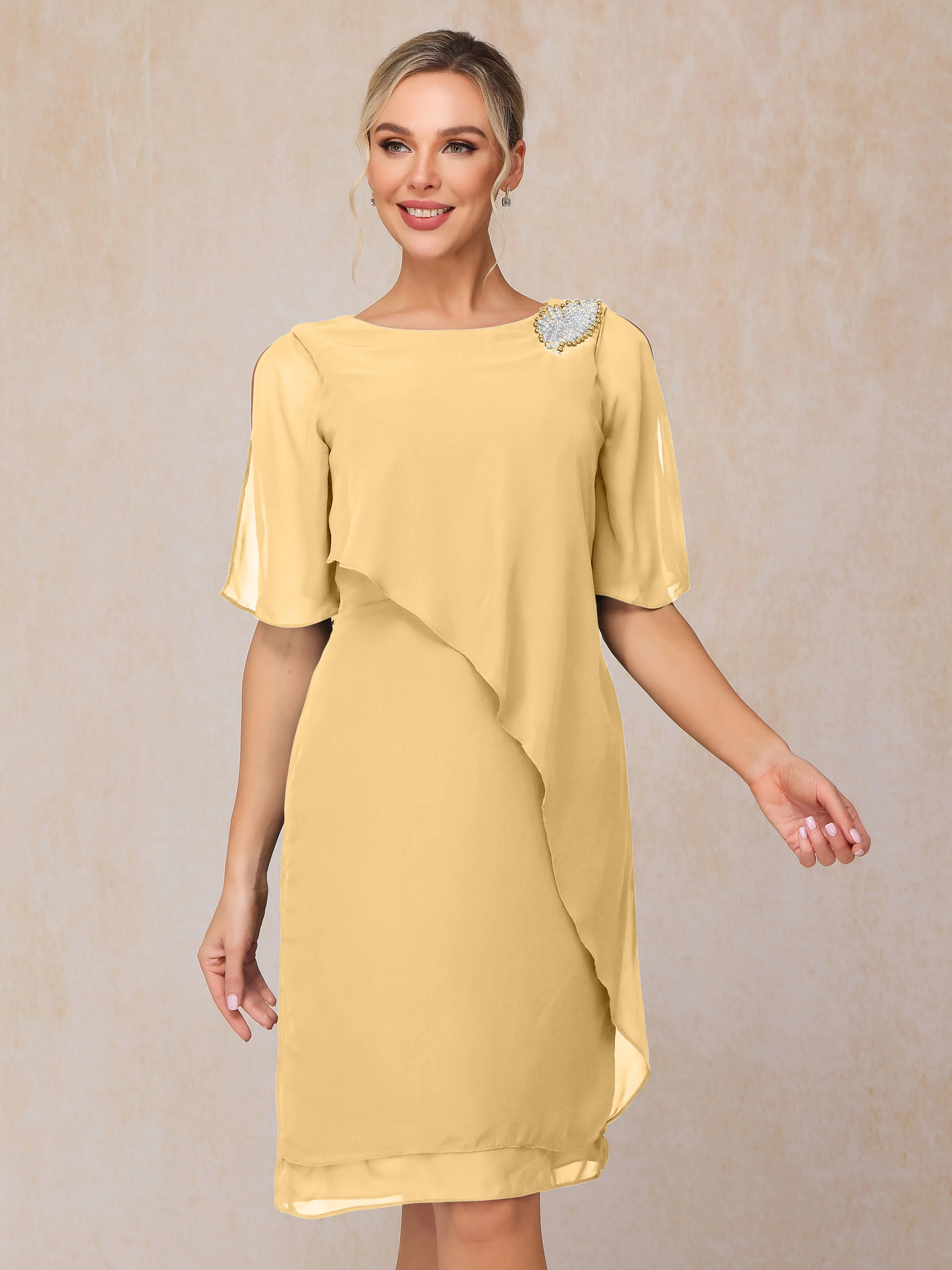 Scoop Half Sleeves Knee Length Chiffon Mother of the Bride Dress With Beading